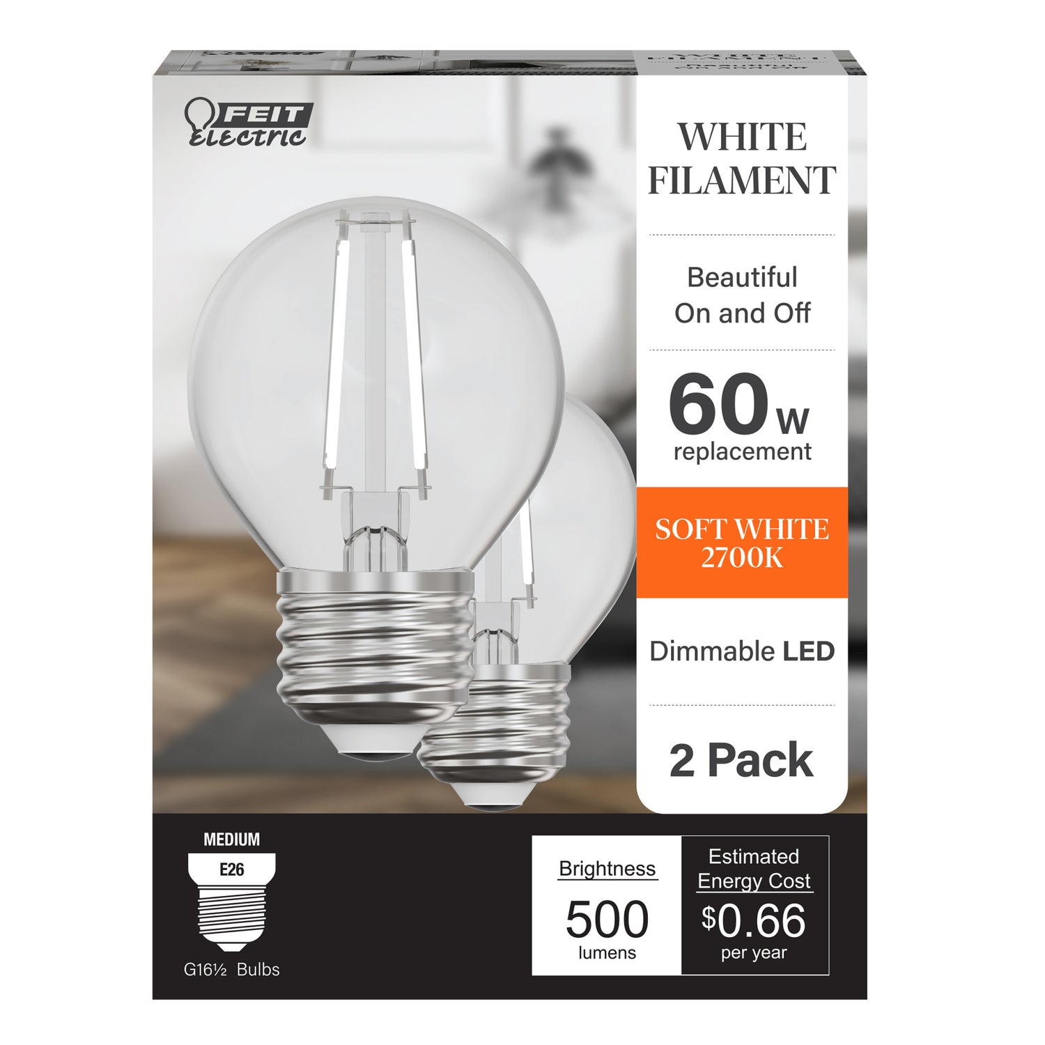 5.5W (60W Replacement) Soft White (2700K) G16 1/2 Globe Shape (E26 Base) Exposed White Filament LED Bulb (2-Pack)