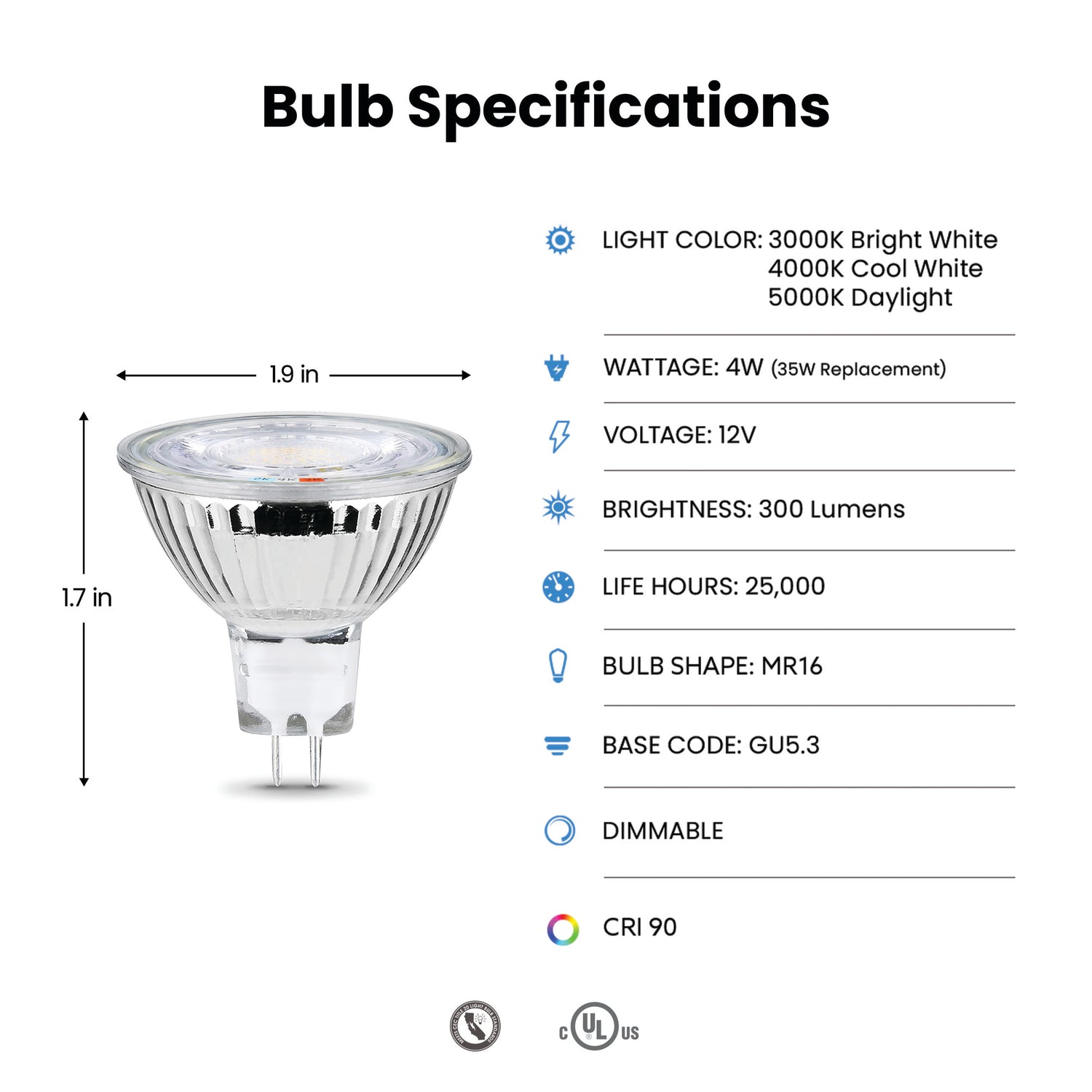 2.6W (20W Replacement) Adjustable White GU5.3 Base MR16 Dimmable Enhance Reflector LED (3-Pack)