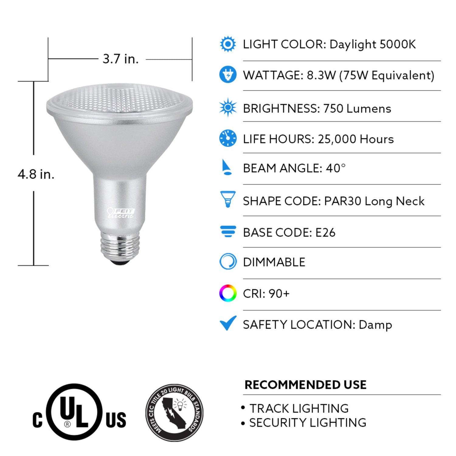 8.3W (75W Replacement) Daylight (5000K) E26 Base PAR30 Dimmable Enhance Reflector LED (2-Pack)
