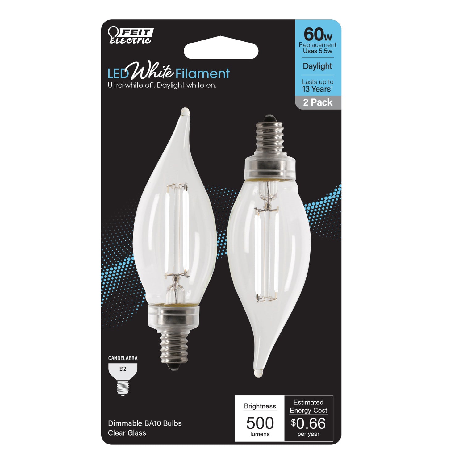 5.5W (60W Equivalent) Daylight White (5000K) BA10 Candelabra (E12 Base) Dimmable Flame Tip Exposed White Filament Chandelier LED Bulb (2-Pack)