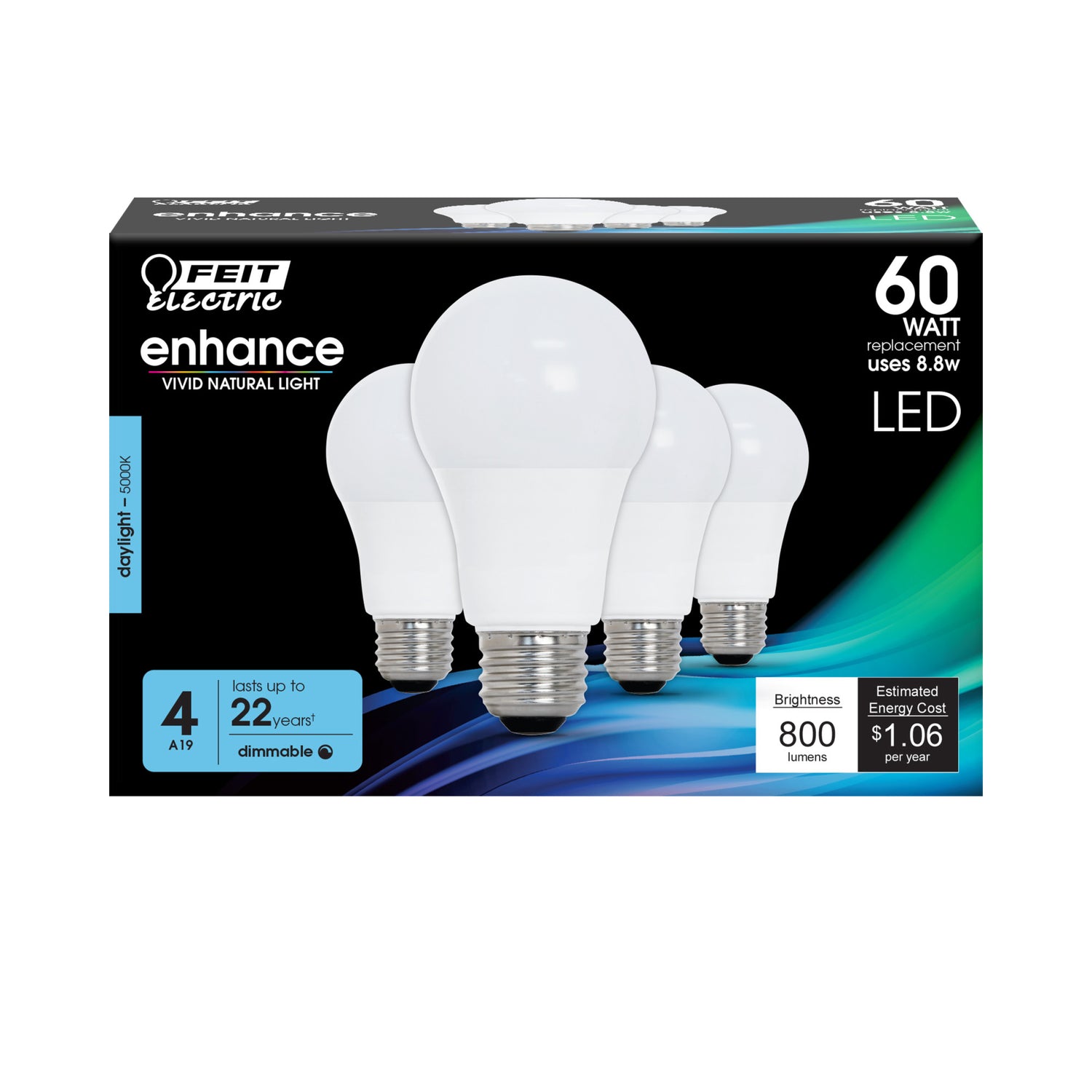 8.8W (60W Replacement) Daylight (5000K) A19 E26 Base Dimmable LED Bulb (4-Pack)