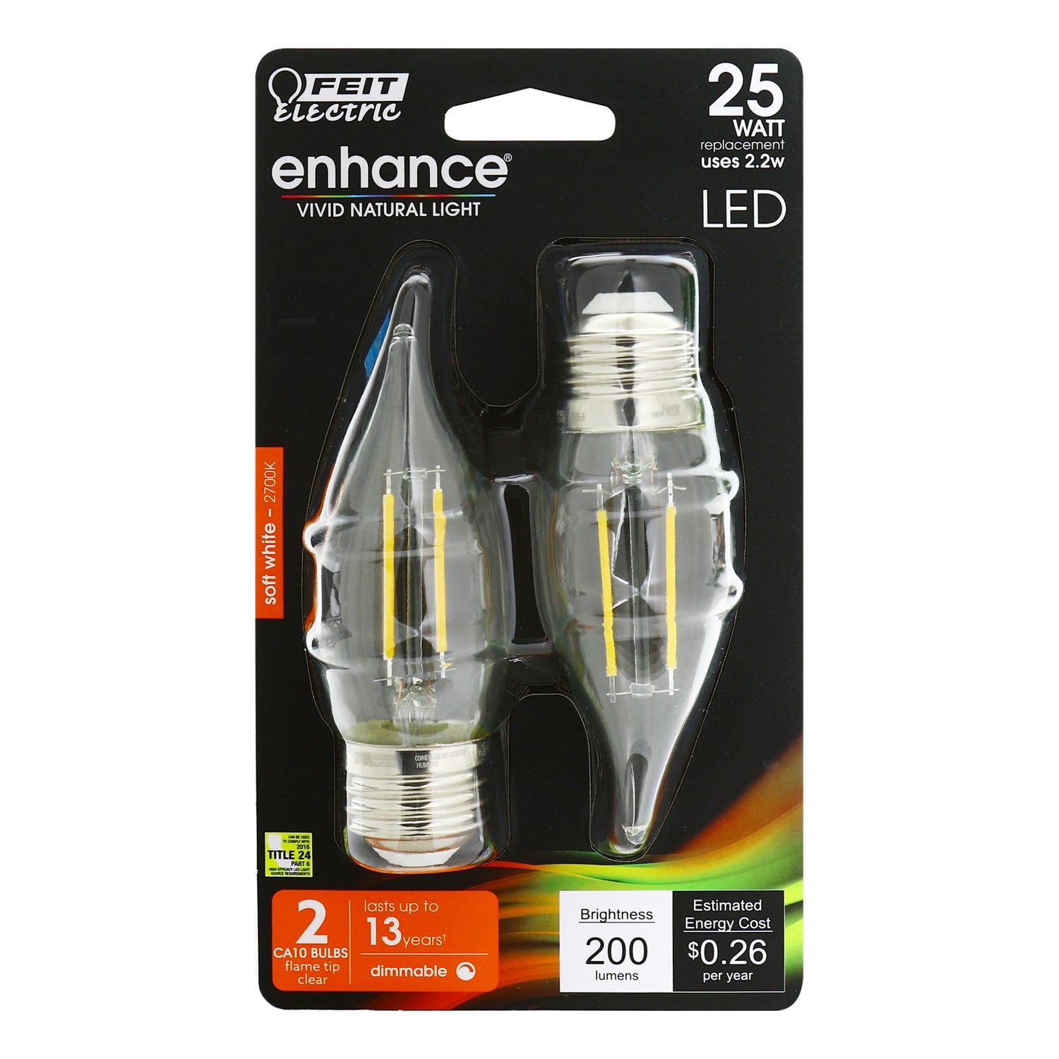 2.2W (25W Replacement) Soft White (2700K) E26 Base CA10 Dimmable Decorative Enhance LED Filament Bulb (2-Pack)