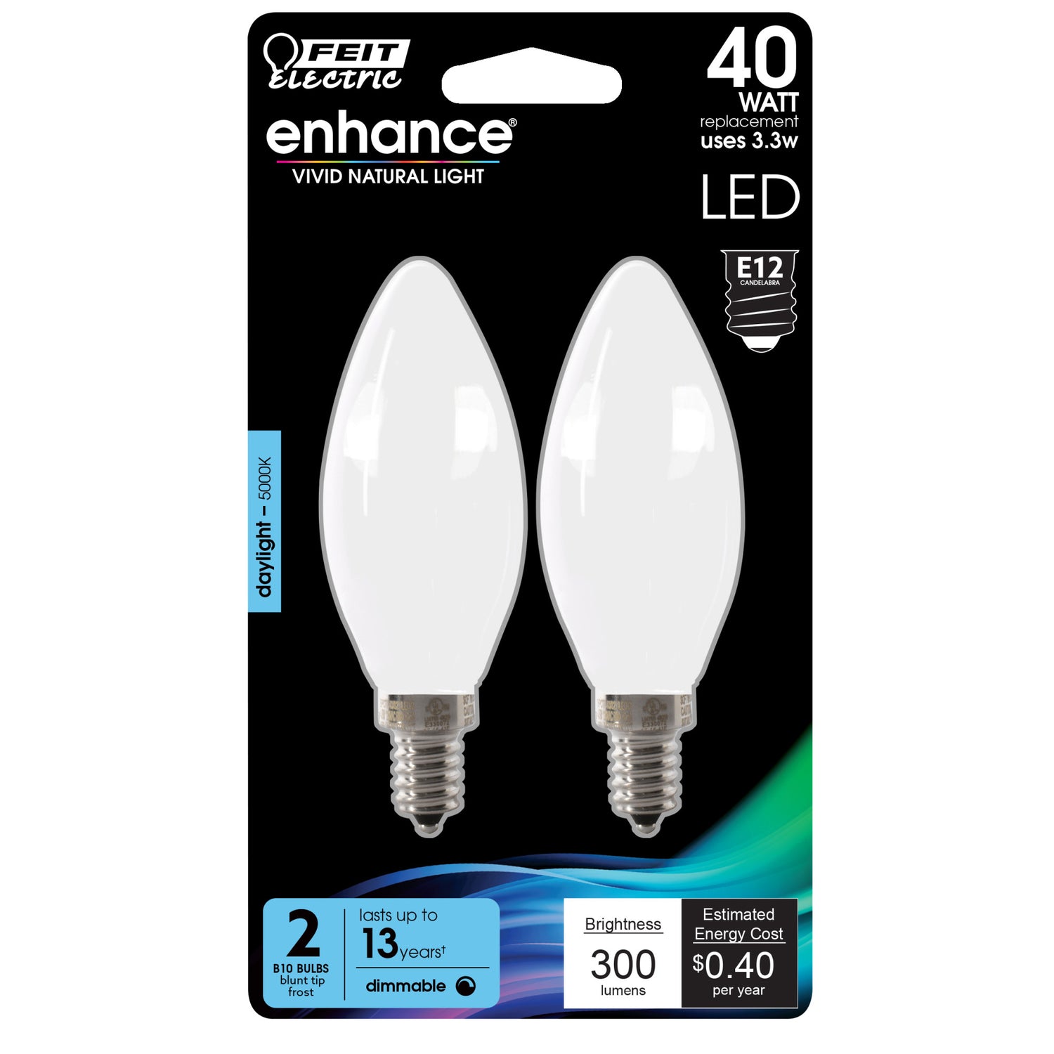 3.3W (40W Replacement) Daylight (5000K) E12 Base B10 Dimmable Decorative Frosted LED Filament Enhance Light Bulb (2-Pack)