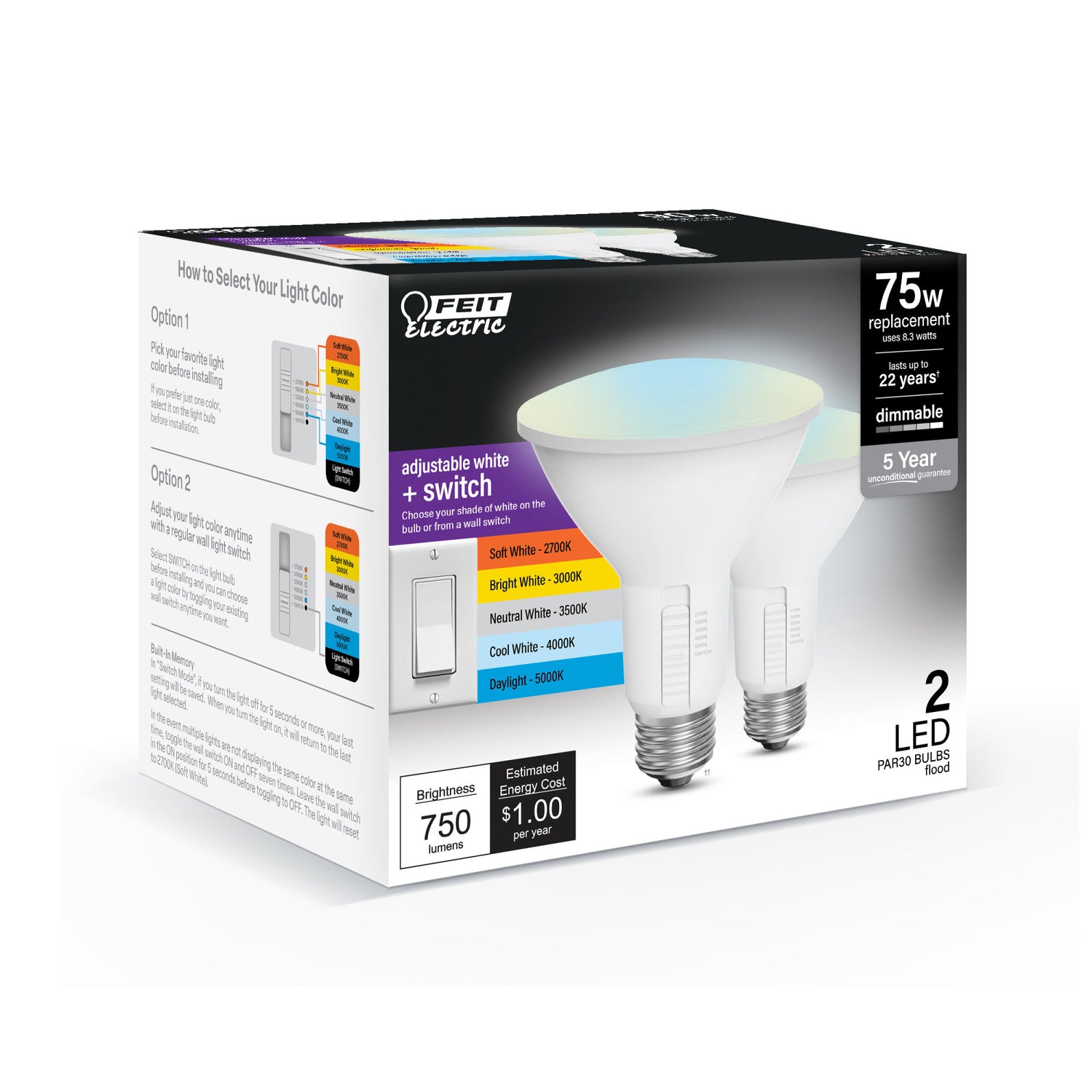 8.3W (75W Replacement) Adjustable White Dimmable PAR30 LED Bulb (2-Pack)