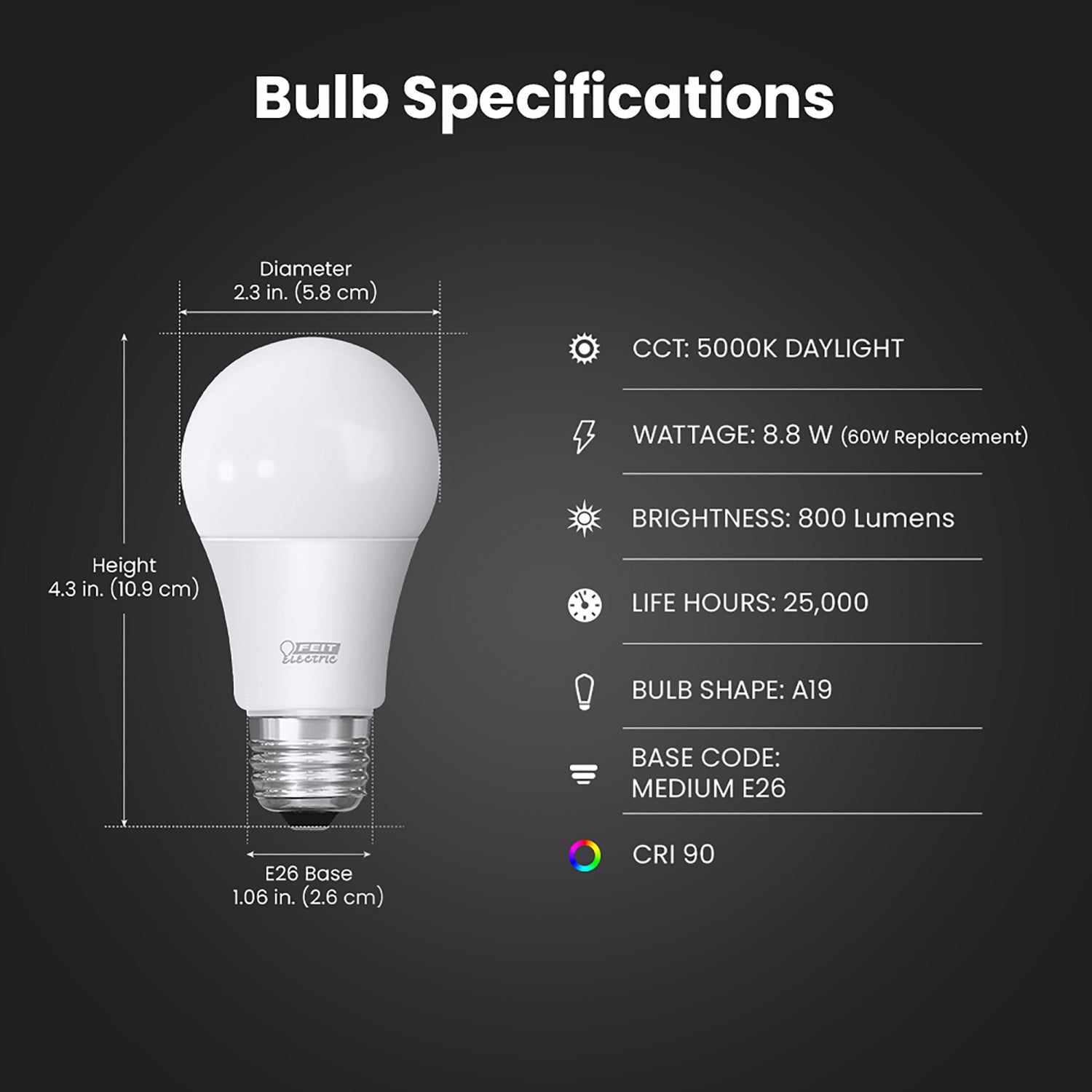 8.8W (60W Replacement) Daylight (5000K) A19 E26 Base Dimmable LED Bulb (4-Pack)
