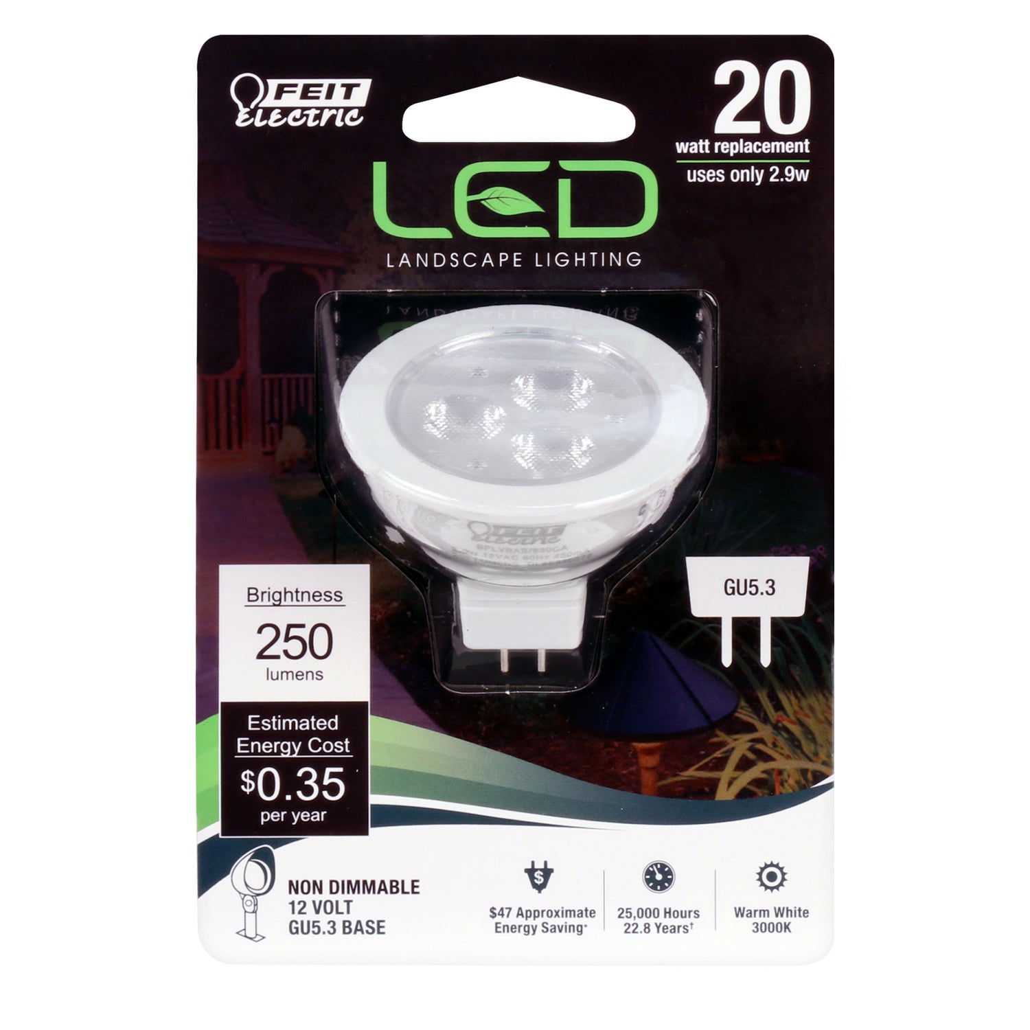 2.9W (20W Replacement) Warm White (3000K)GU5.3 Base MR16 Landscape LED