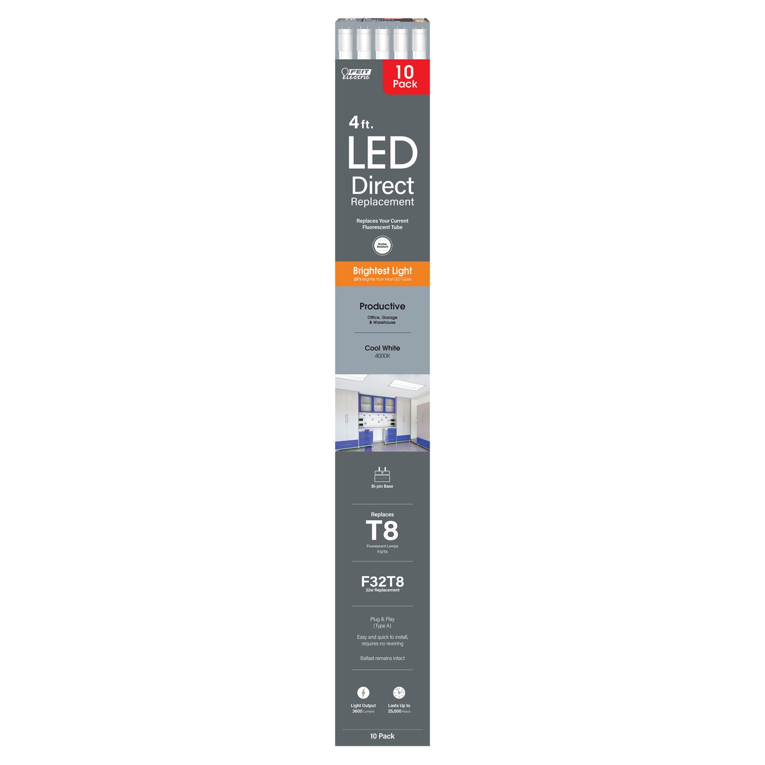 4 ft. 32W Cool White (4000K) G13 Base Direct Replacement (Type A) (T8 Replacement) High Output LED Linear Tube (10-Pack)