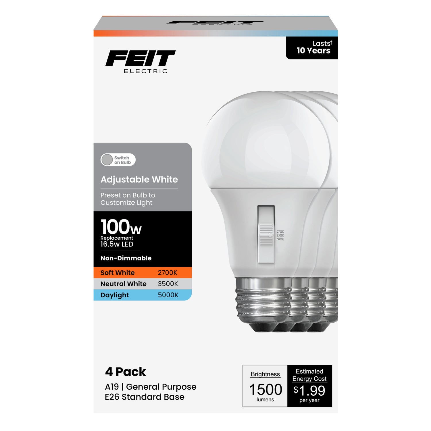 16.5W (100W Replacement) Adjustable White E26 Base A19 Non-Dimmable Enhance LED Bulb (4-Pack)