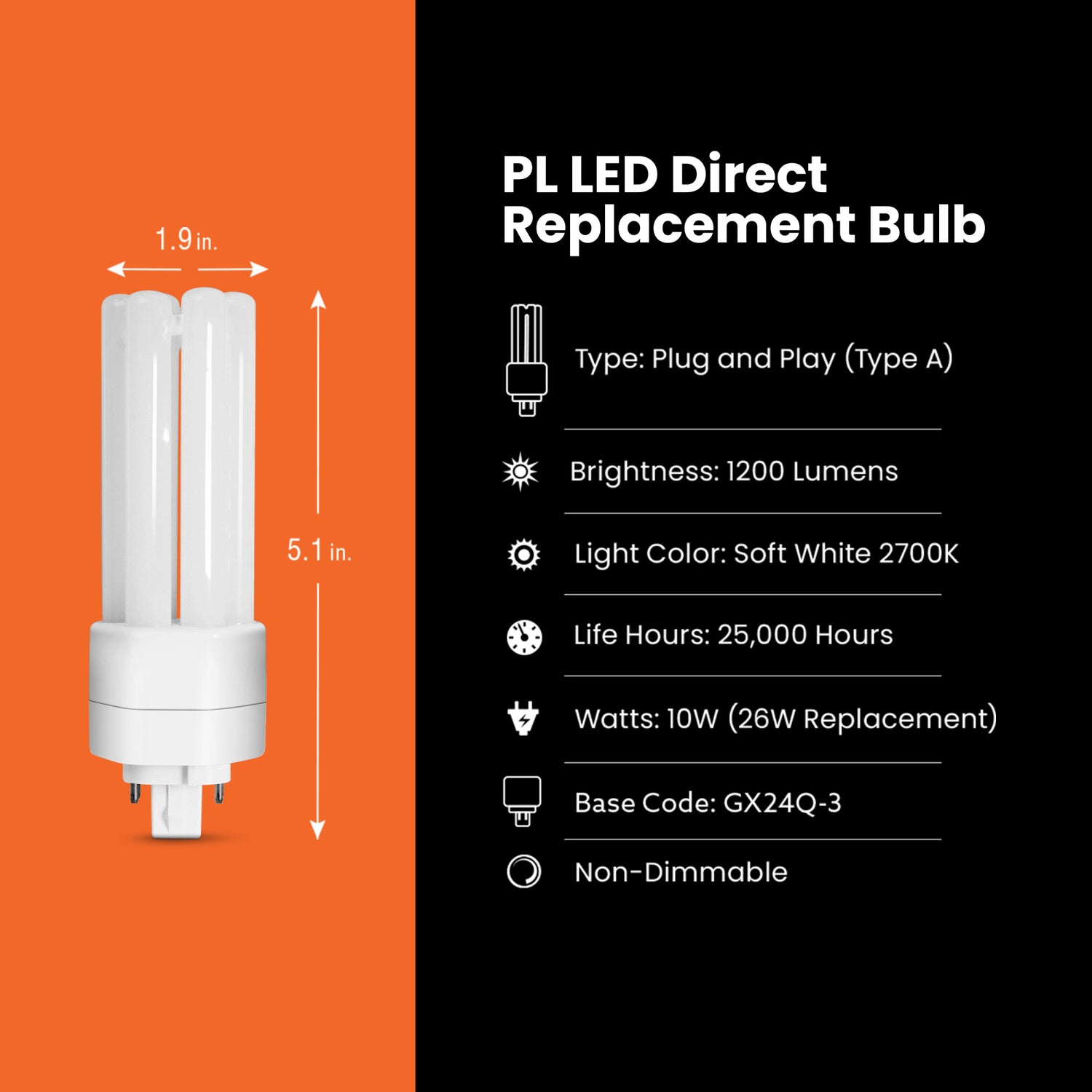 10W (26W Equivalent) Soft White (2700K) GX24q-3 Base Direct Replacement (Type A) Triple Tube PL LED Light Bulb