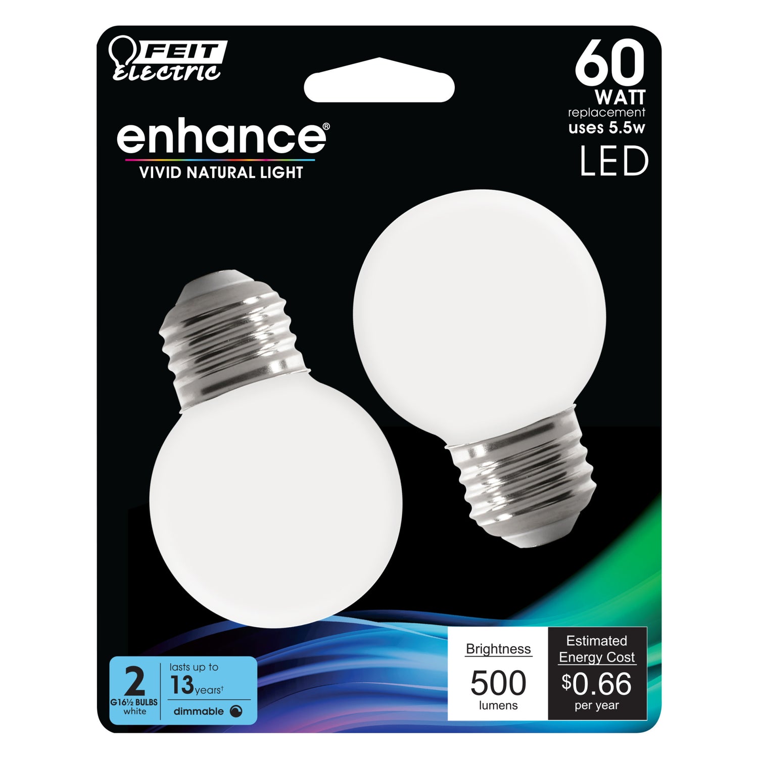 60W Replacement G16 1/2 Medium Base Daylight Dimmable White Enhance Glass Filament Globe LED (2-Pack)
