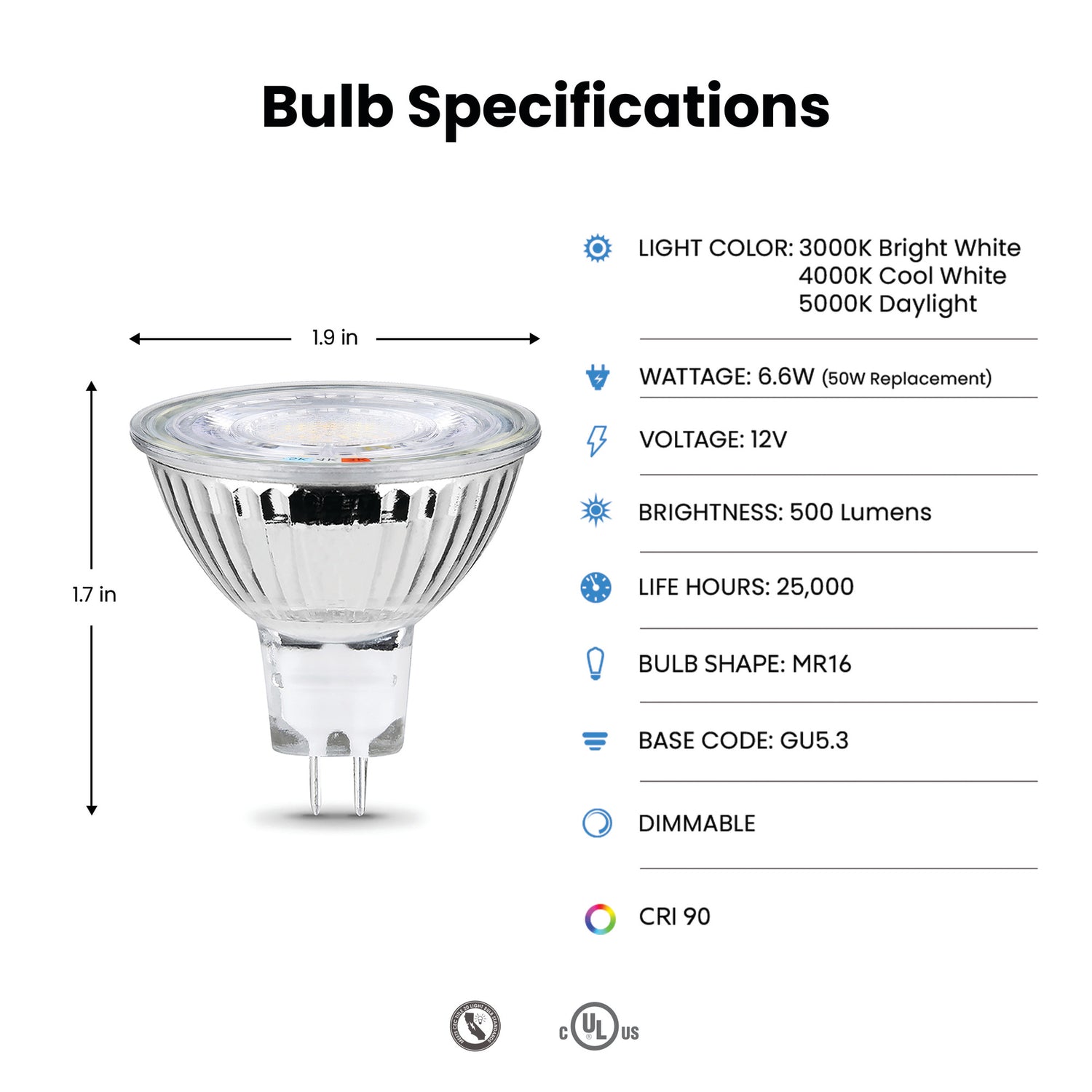 6.6W (50W Replacement) Adjustable White GU5.3 Base MR16 Reflector LED Bulb (3-Pack)