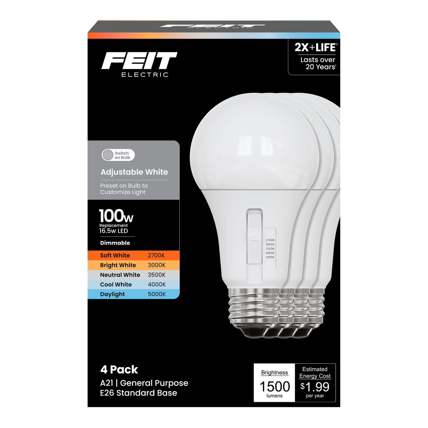 16.5W (100W Replacement) Adjustable White E26 Base A21 LED Bulb (4-Pack)