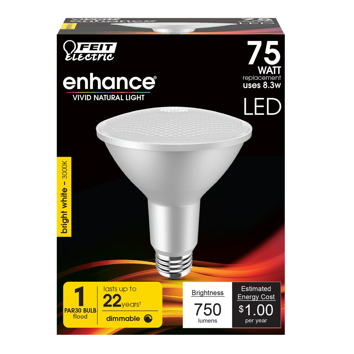 8.3W (75W Replacement) Bright White (3000K) E26 Base PAR30 Long Neck Dimmable Enhance Reflector LED