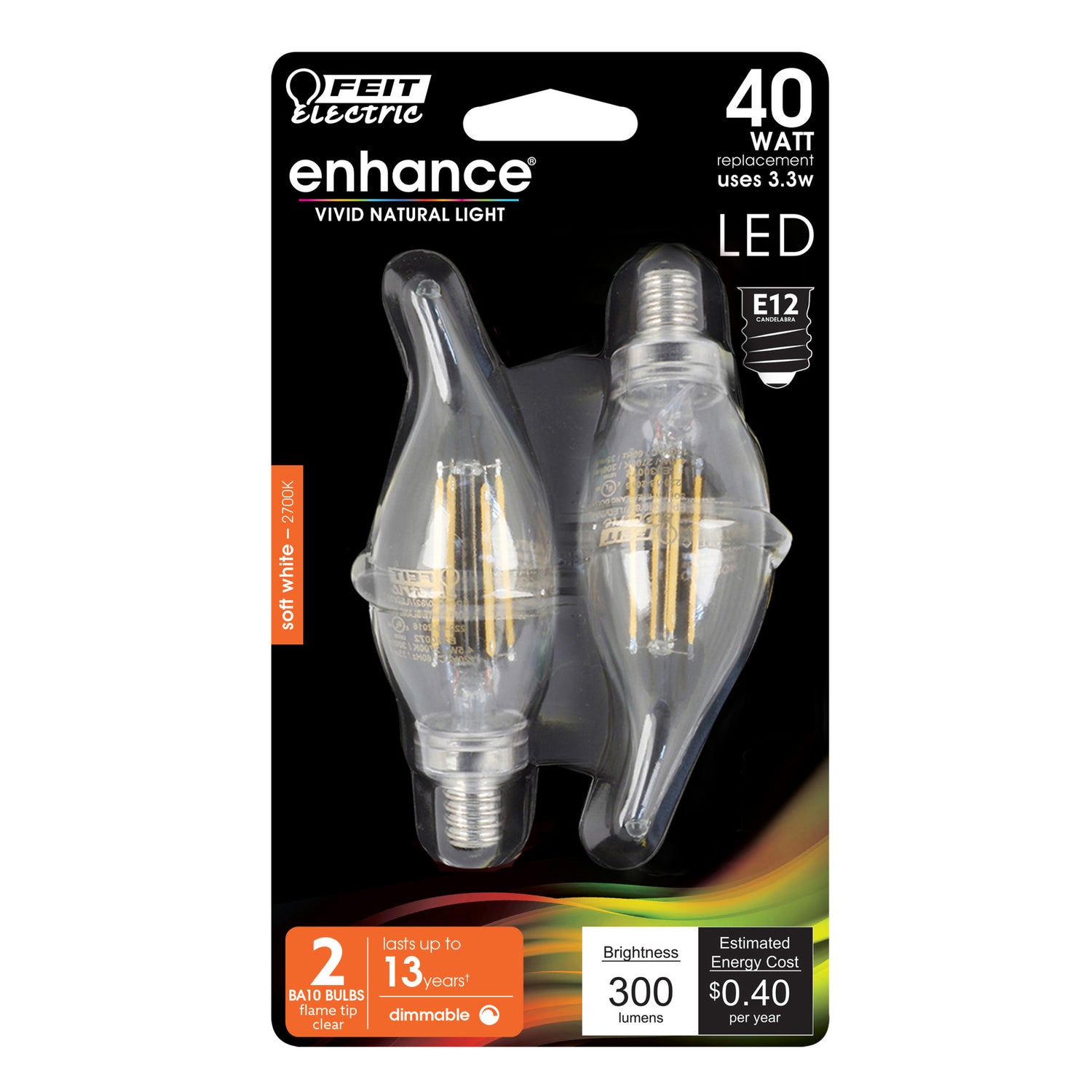 3.3W (40W Replacement) Soft White (2700K) Clear BA10 Dimmable LED Filament Enhance (2-Pack)