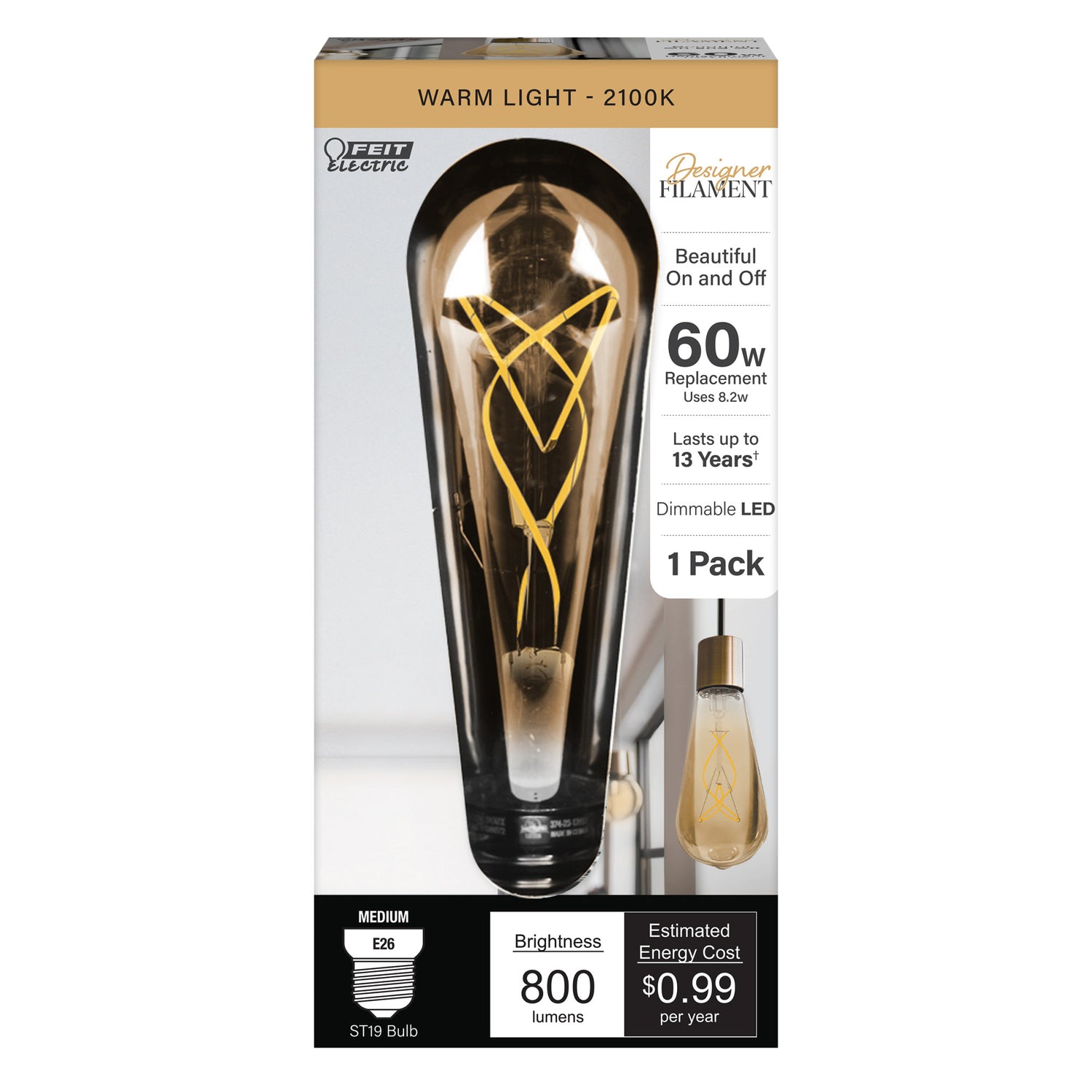 8.2W (60W Replacement) ST19 E26 Spiral Filament Amber Glass Vintage Edison LED Light Bulb, Warm Light
