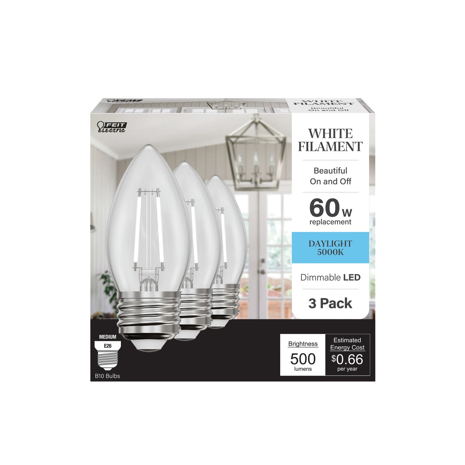 5.5W (60W Equivalent) Daylight White (5000K) Chandelier B10 (E26 Base) Torpedo Tip White Filament LED Bulb (3-Pack)