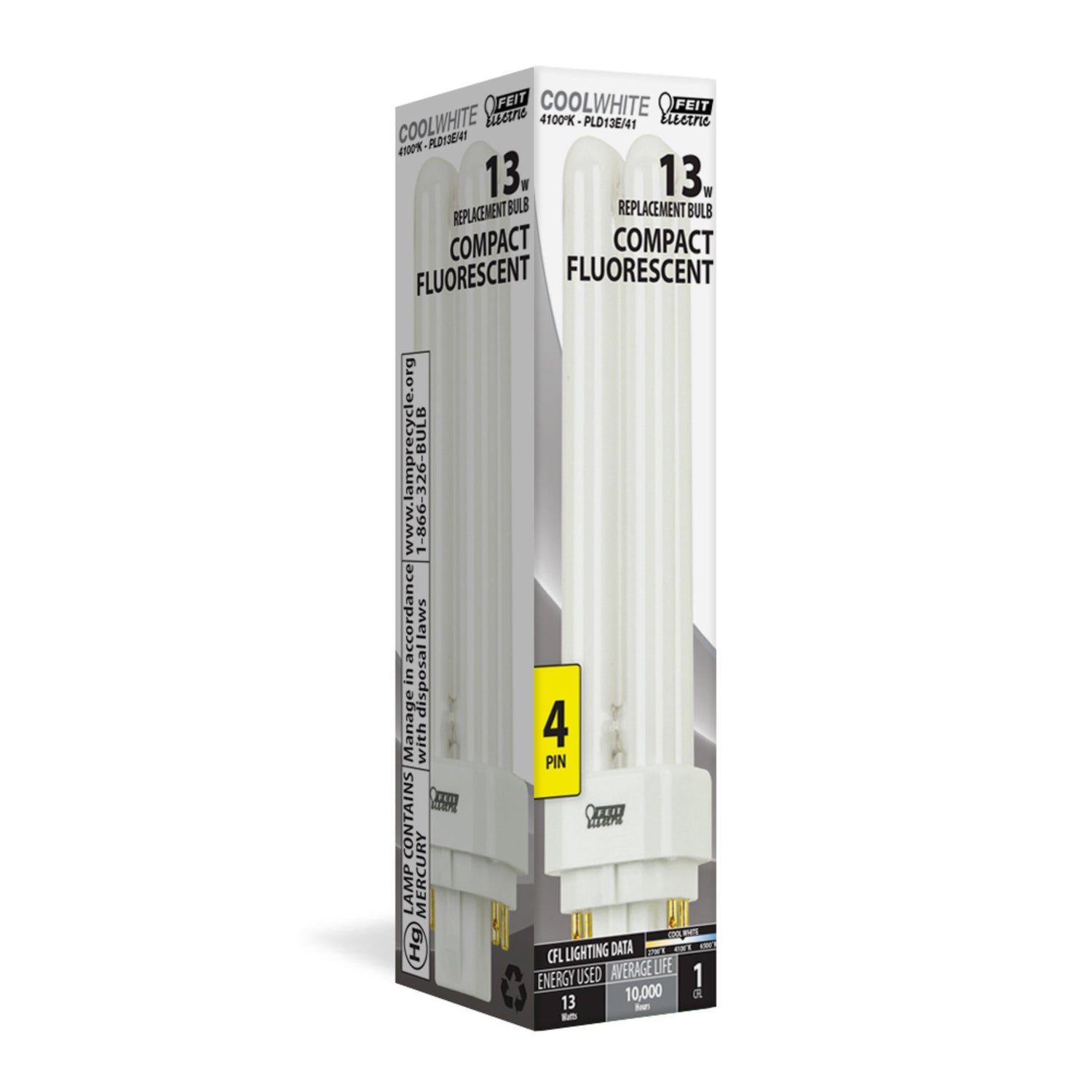 13W Cool White (4100K) PLD Double Twin Tube G24Q-1 Base Compact Fluorescent Light Bulb