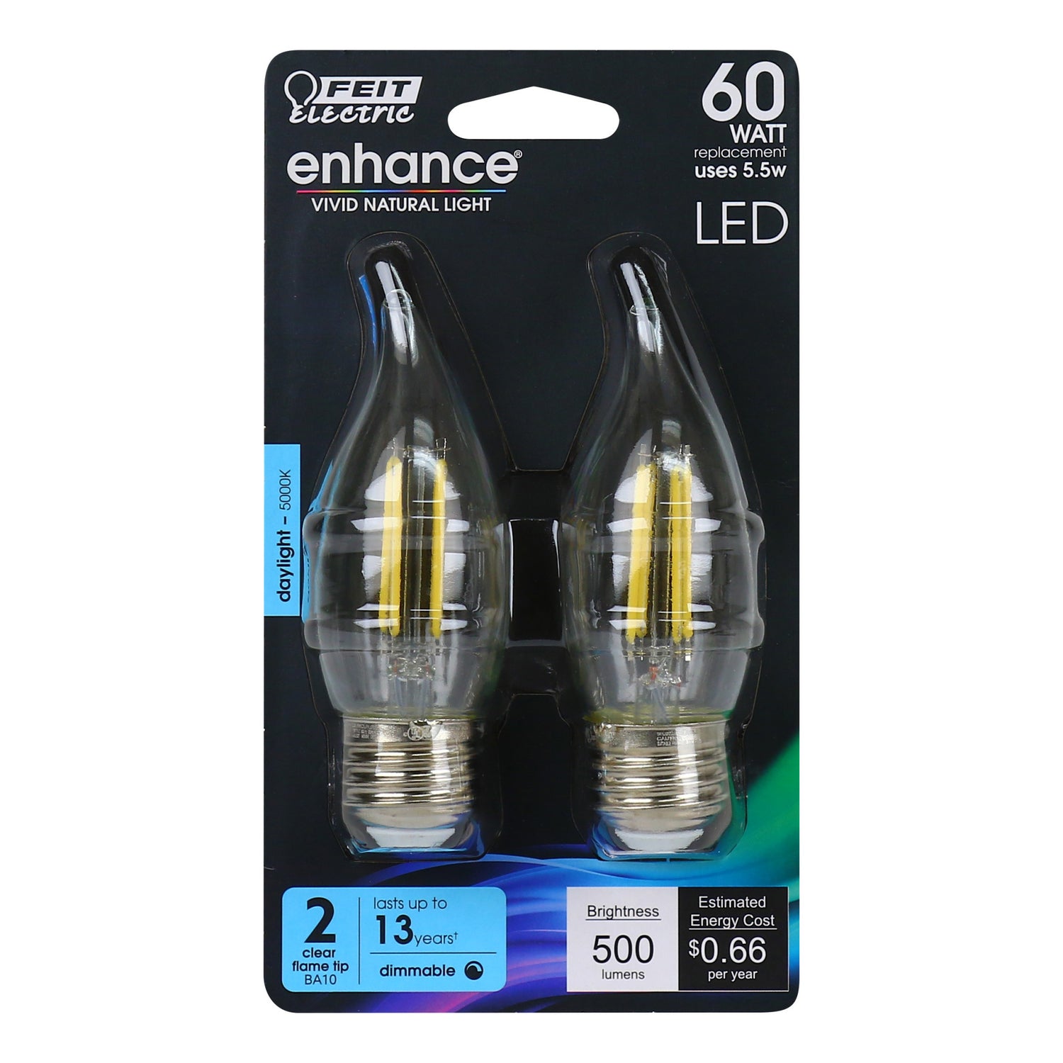 60W Replacement CA10 E26 Base Dimmable Dayligh LED Filament Enhance (2-Pack)