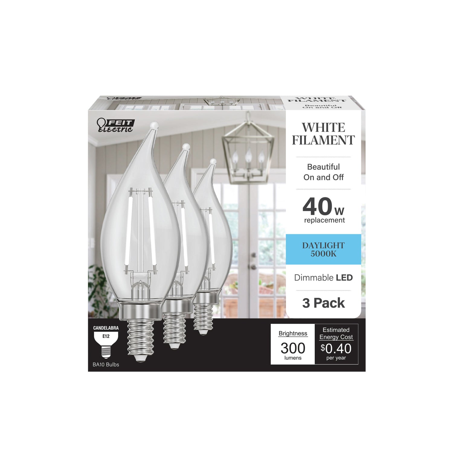 3.3W (40W Equivalent) Daylight White (5000K) BA10 (E12 Base) Flame Tip Exposed White Filament LED Bulb (3-Pack)