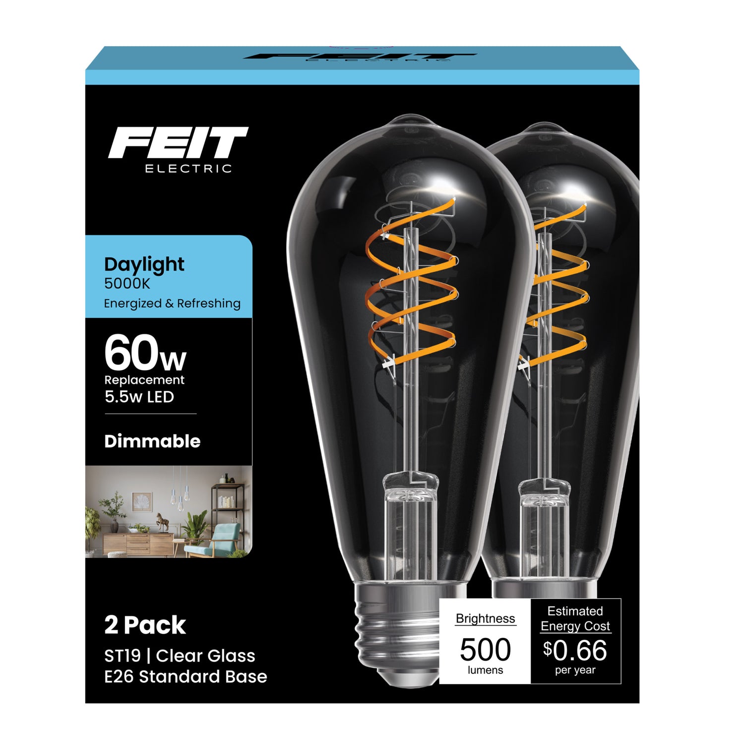 5.5W (60W Replacement) ST19 E26 Dimmable Spiral Filament Clear Glass Vintage Edison LED Light Bulb, Daylight (2-Pack)