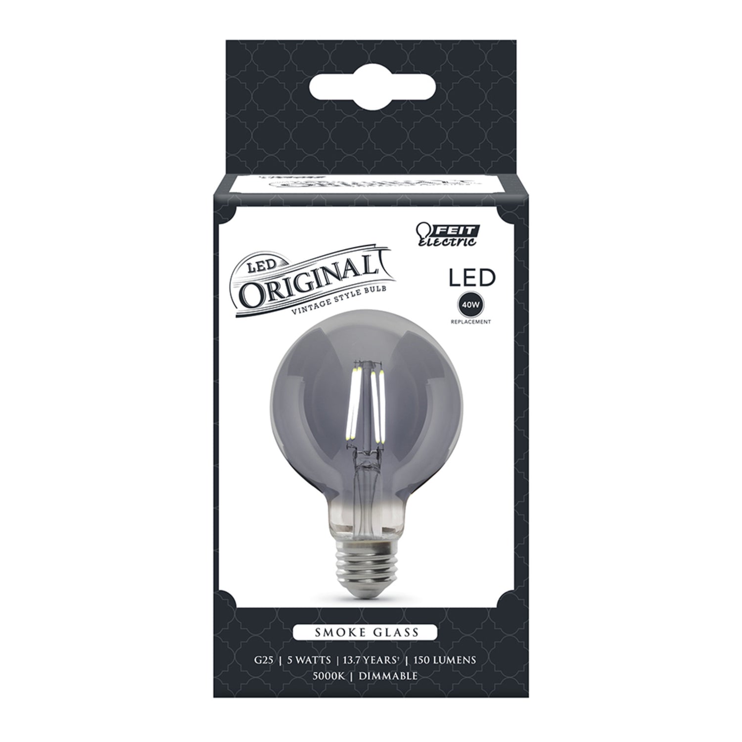 5W (40W Replacement) G25 E26 Dimmable Straight Filament Smoke Glass Vintage Edison LED Light Bulb, Daylight