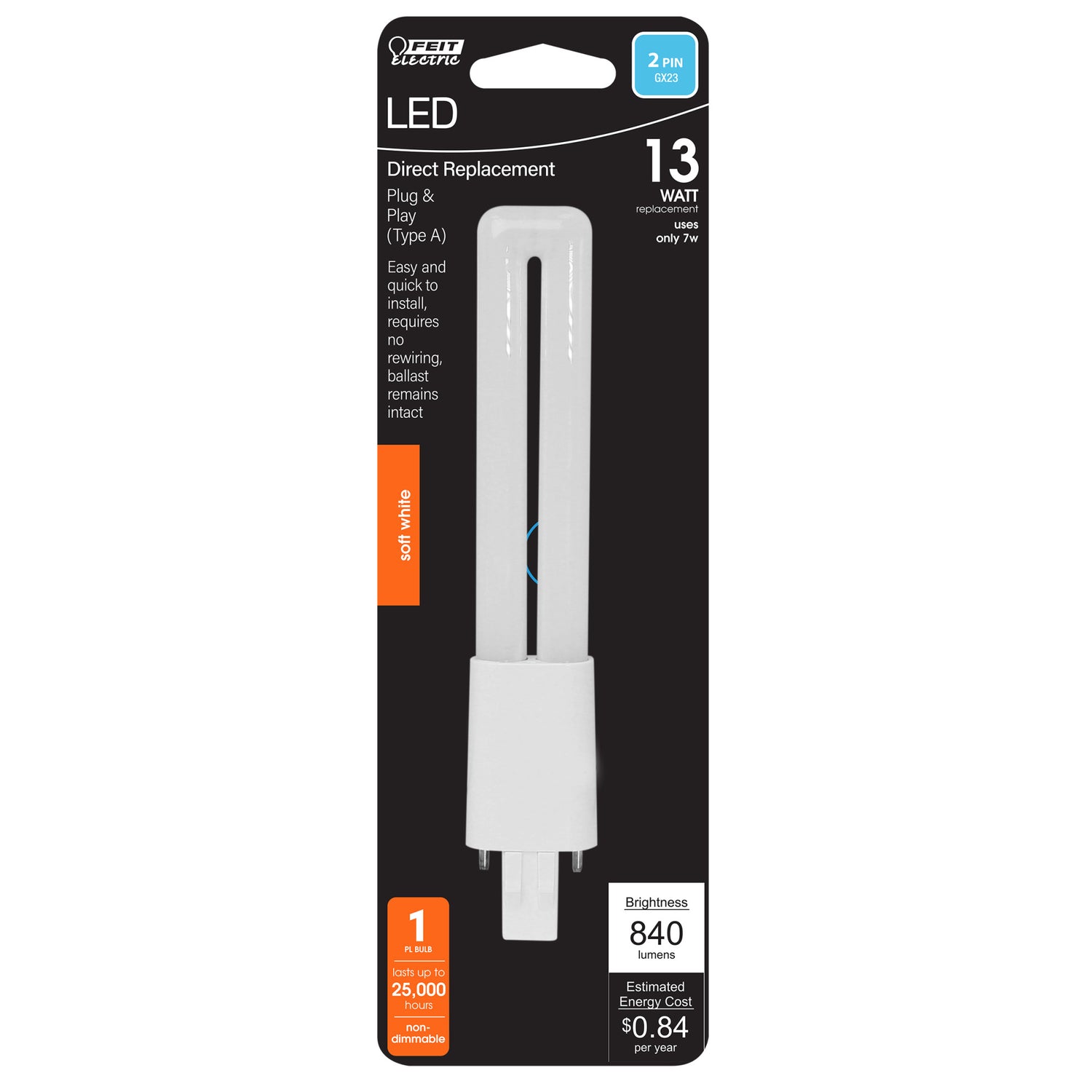 7W (13W Equivalent) Soft White (2700K) PL Shape GX23 Base Direct Replacement (Type A) Twin Tube LED Light Bulb