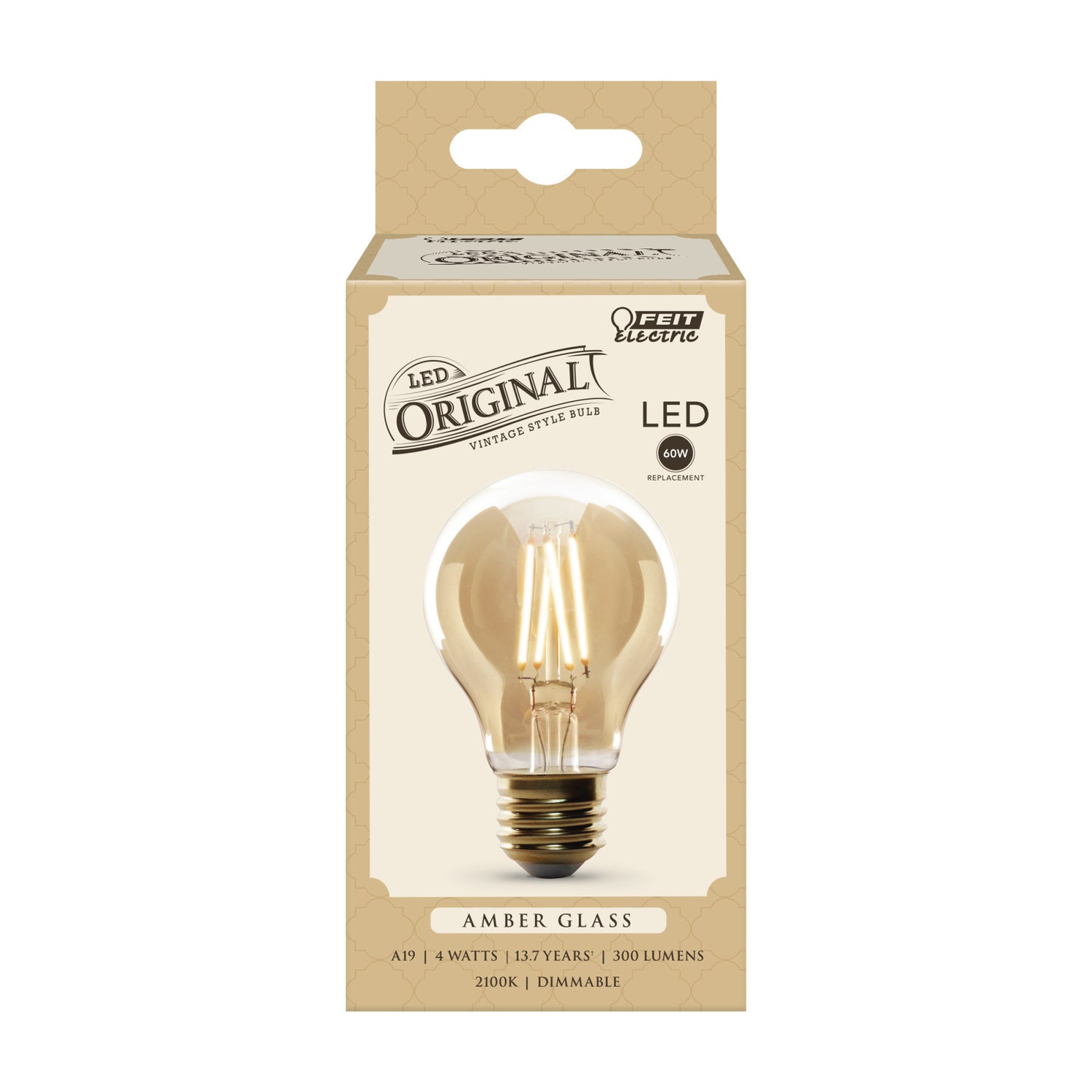 4W (60W Replacement) AT19 E26 Dimmable Straight Filament Amber Glass Vintage Edison LED Light Bulb, Soft White