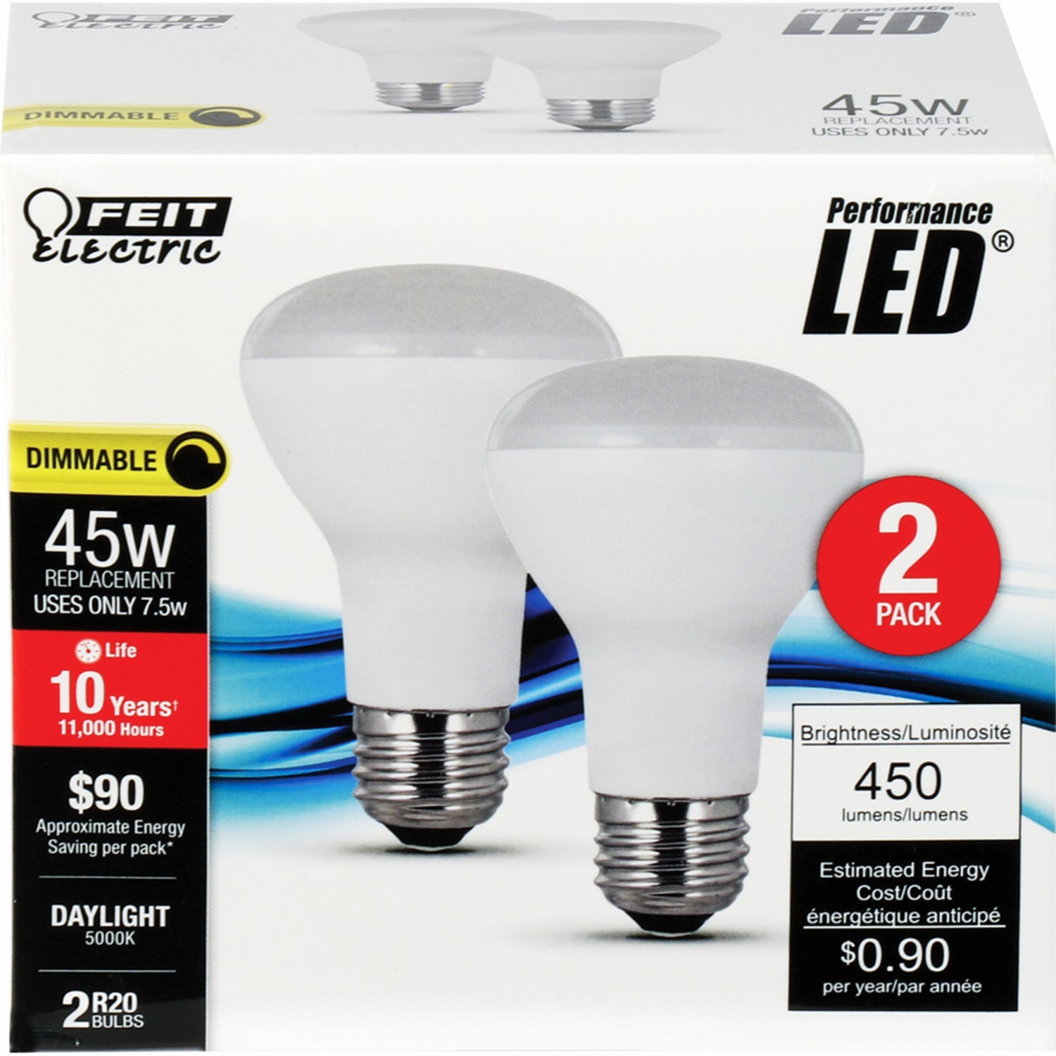 7.5W (45W Replacement) Daylight (5000K) E26 Base R20 Dimmable Reflector LED Light Bulb (2-Pack)