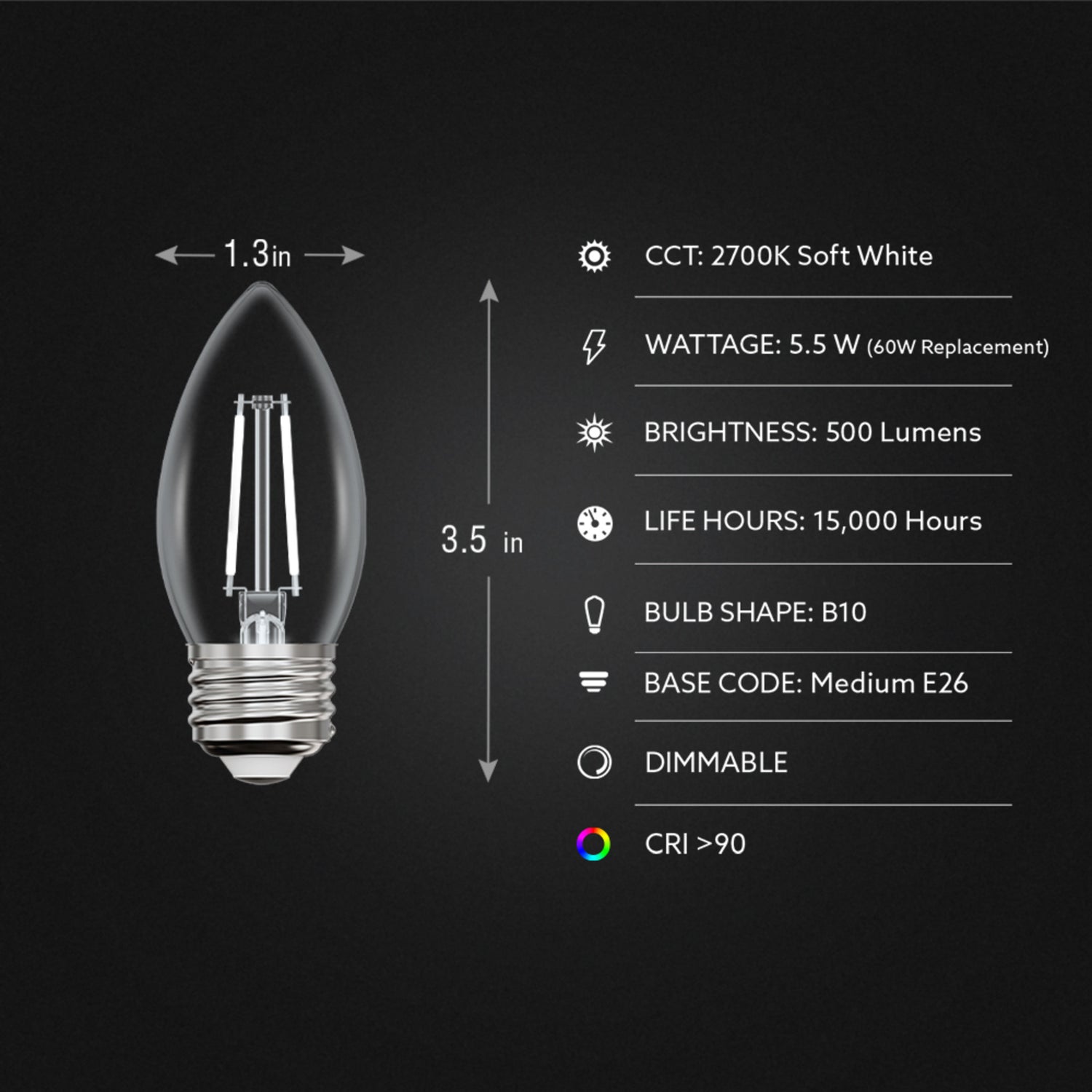 5.5W (60W Equivalent) Soft White (2700K) B10 Shape (E26 Base) Torpedo Tip White Filament LED Bulb (3-Pack)