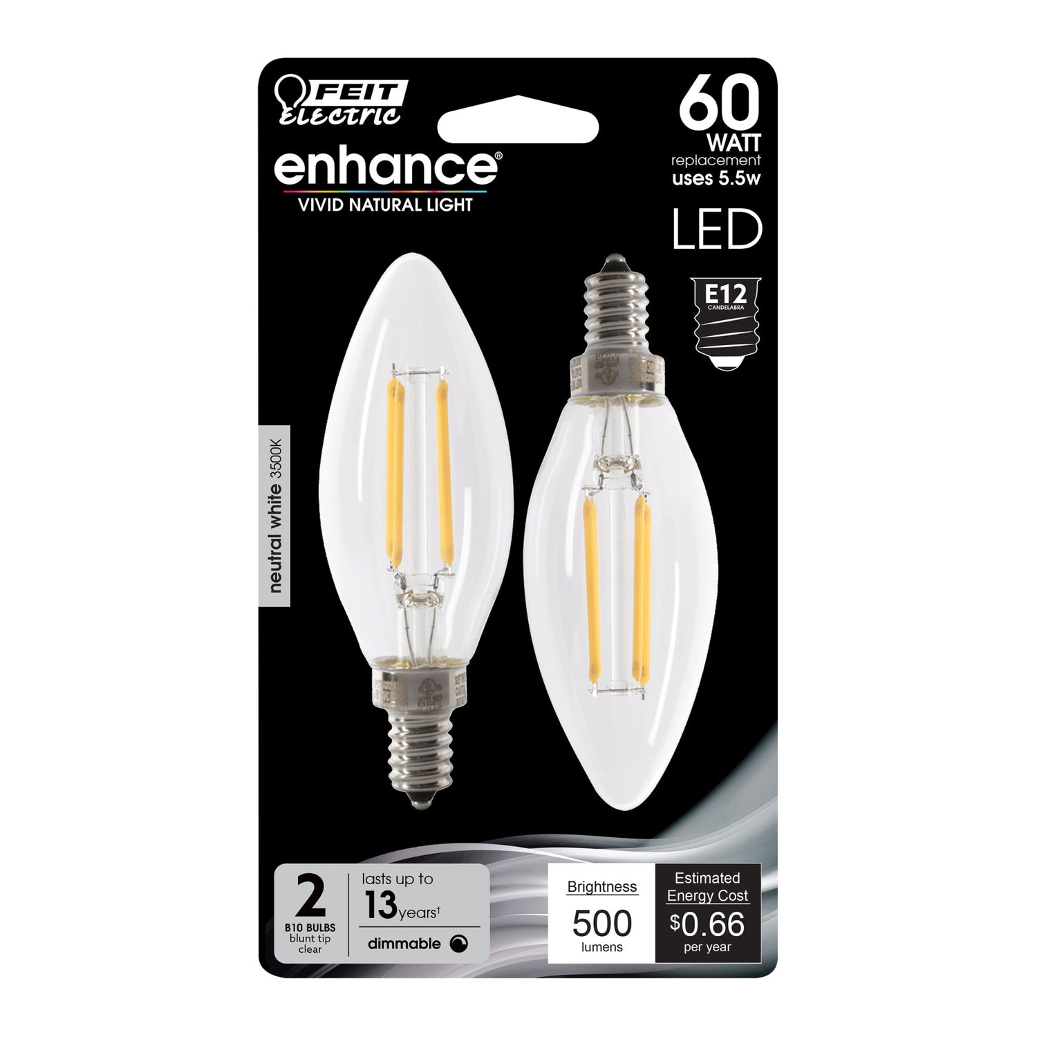 5.5W (60W Replacement) Neutral White (3500K) E12 Base B10 Dimmable Glass Filament LED (2-Pack)