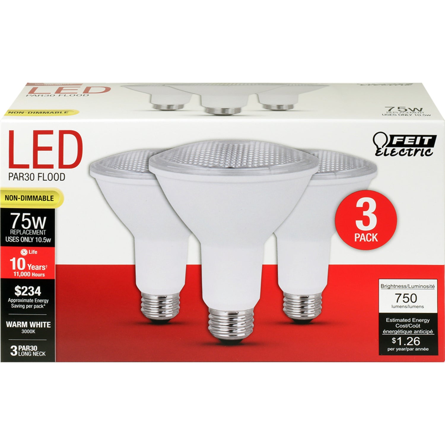 10.7W (75W Replacement) Warm White (3000K) PAR30 Reflector LED Light Bulb