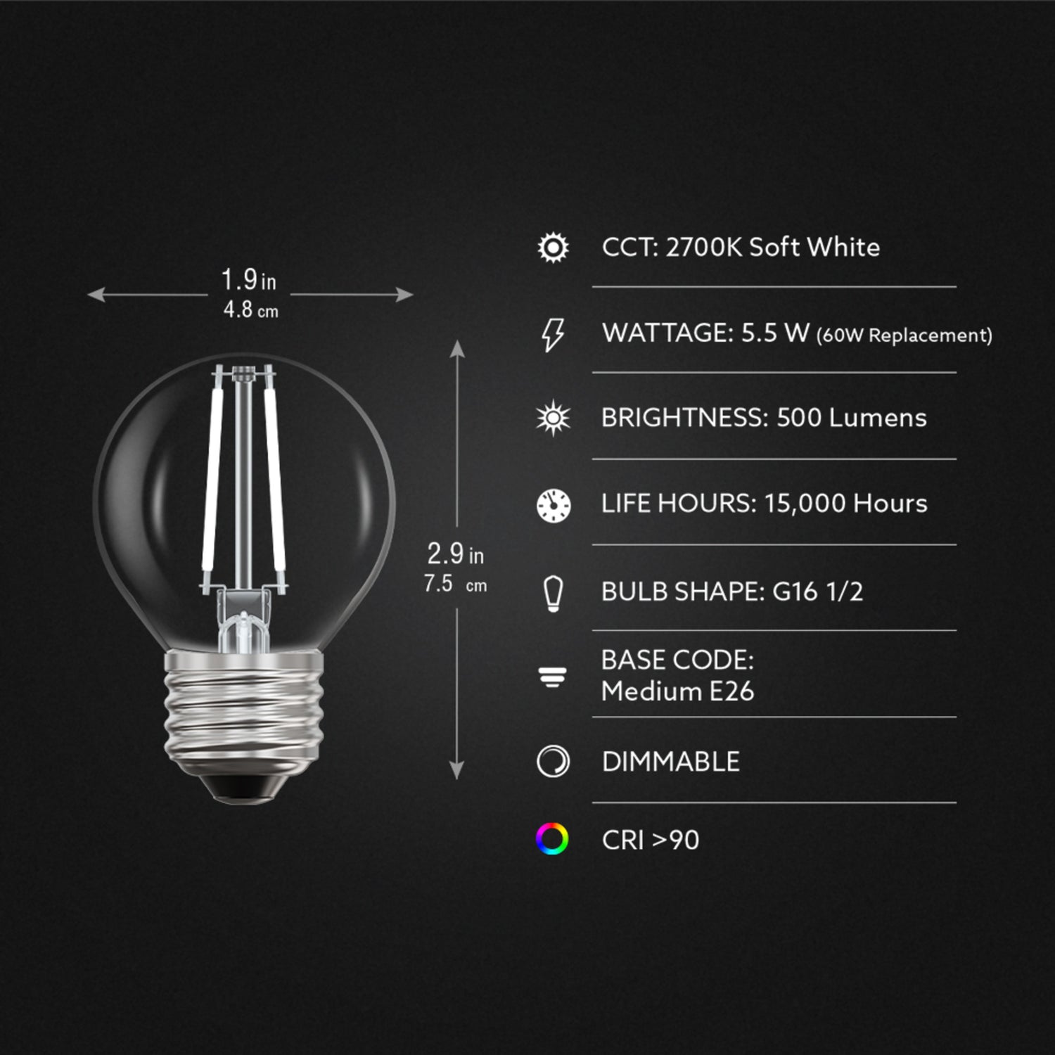 5.5W (60W Replacement) Soft White (2700K) G16 1/2 Globe Shape (E26 Base) Exposed White Filament LED Bulb (2-Pack)