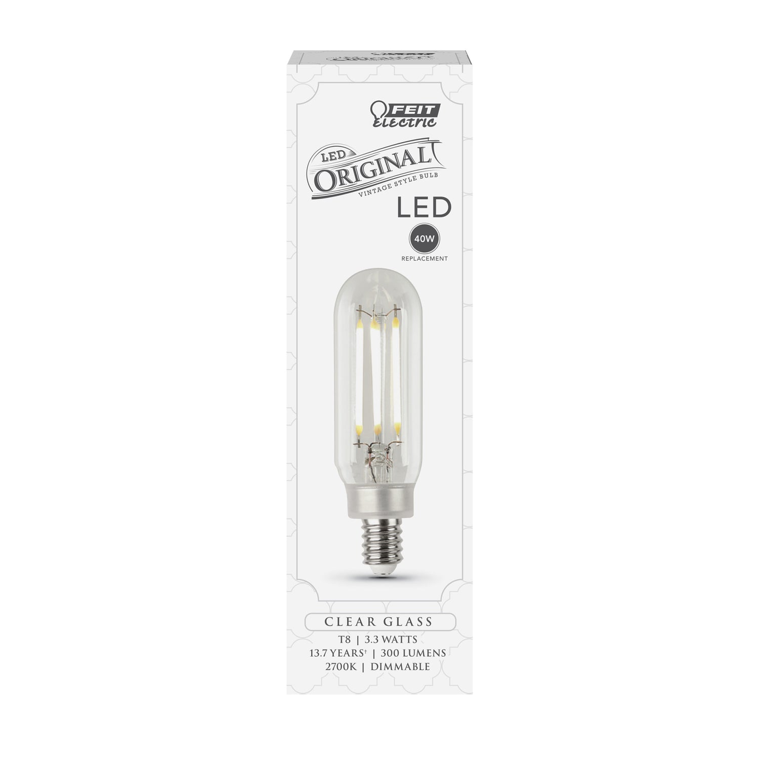 3.3W (40W Replacement) T8 E12 Dimmable Straight Filament Clear Glass Vintage Edison LED Light Bulb, Soft White