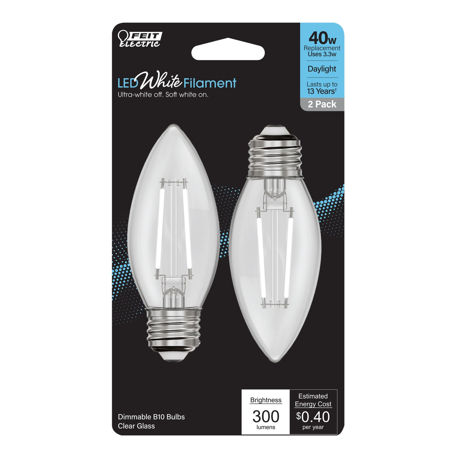 3.3W (40W Equivalent) Daylight White (5000K) B10 (E26 Base) Torpedo Tip Exposed White Filament LED Bulb (2-Pack)