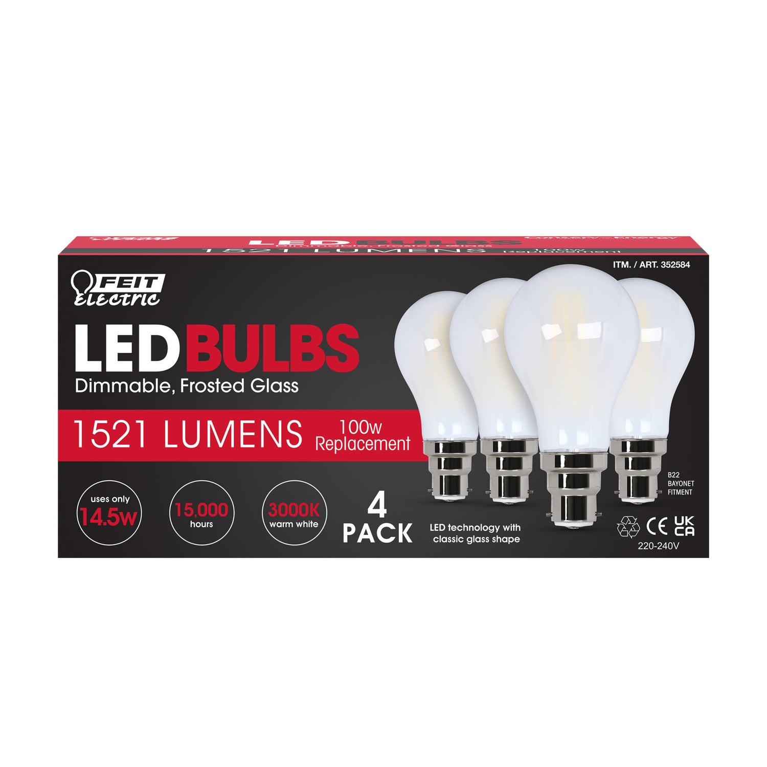 14.5W (100W Equivalent) Warm White (3000K) B22 Dimmable Frosted White Performance LED Light Bulb (4-Pack)