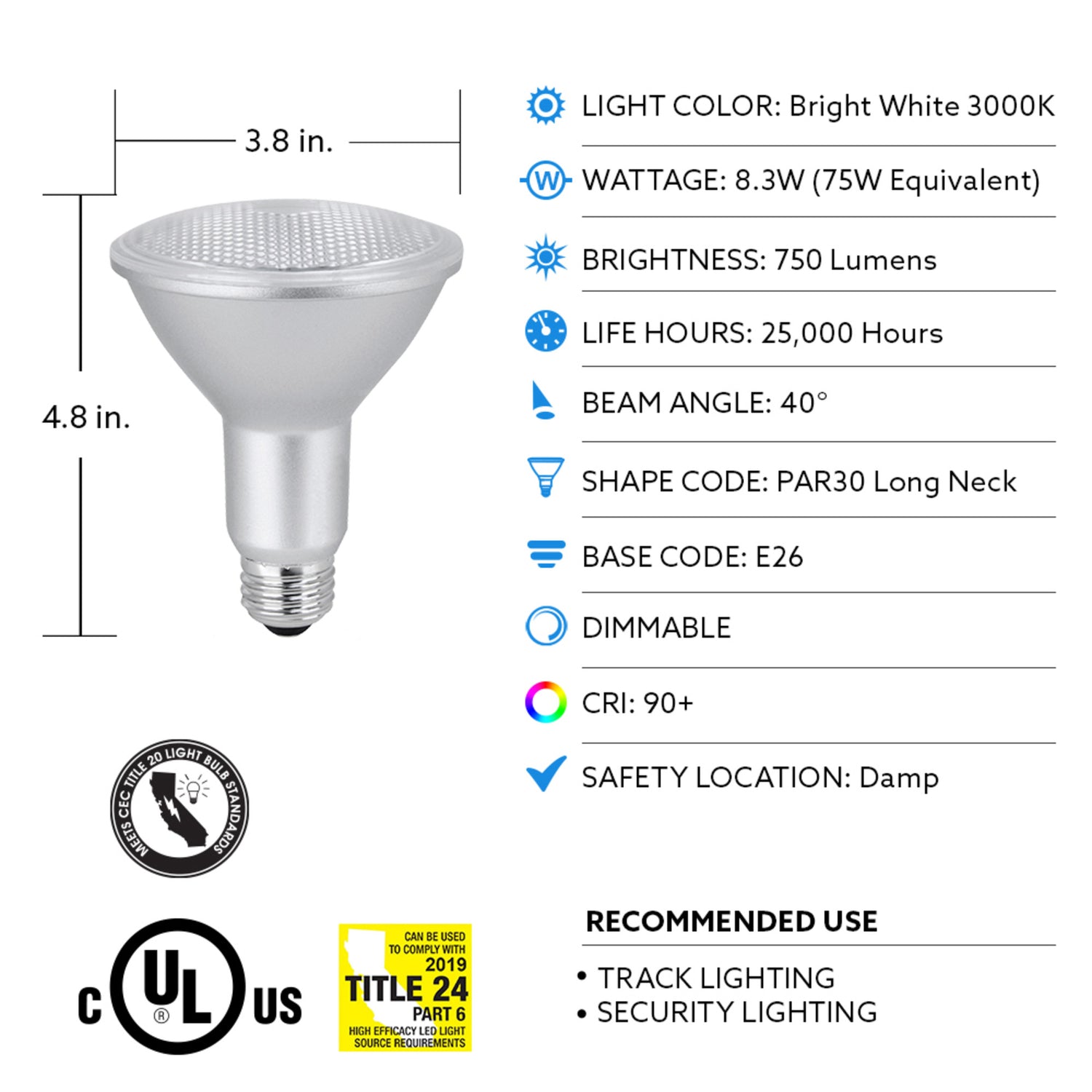 8.3W (75W Replacement) Bright White (3000K) E26 Base PAR30 Dimmable Enhance Reflector LED (2-Pack)