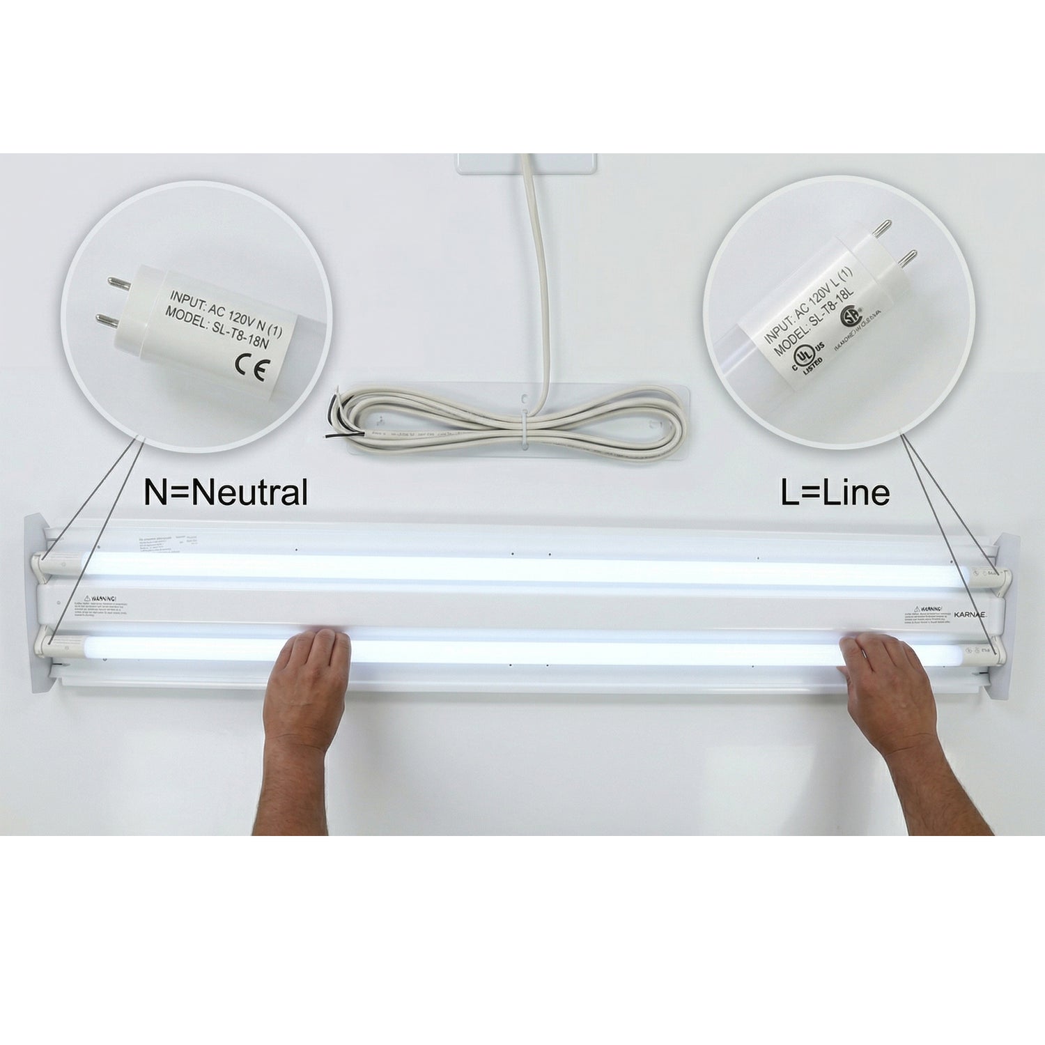 Fluorescent light fixture with labeled connections on a white background