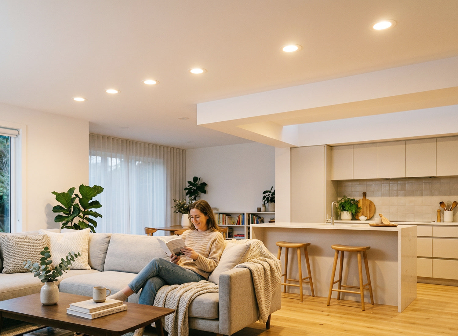 Woman reading a book on a couch in a modern living room with kitchen area.