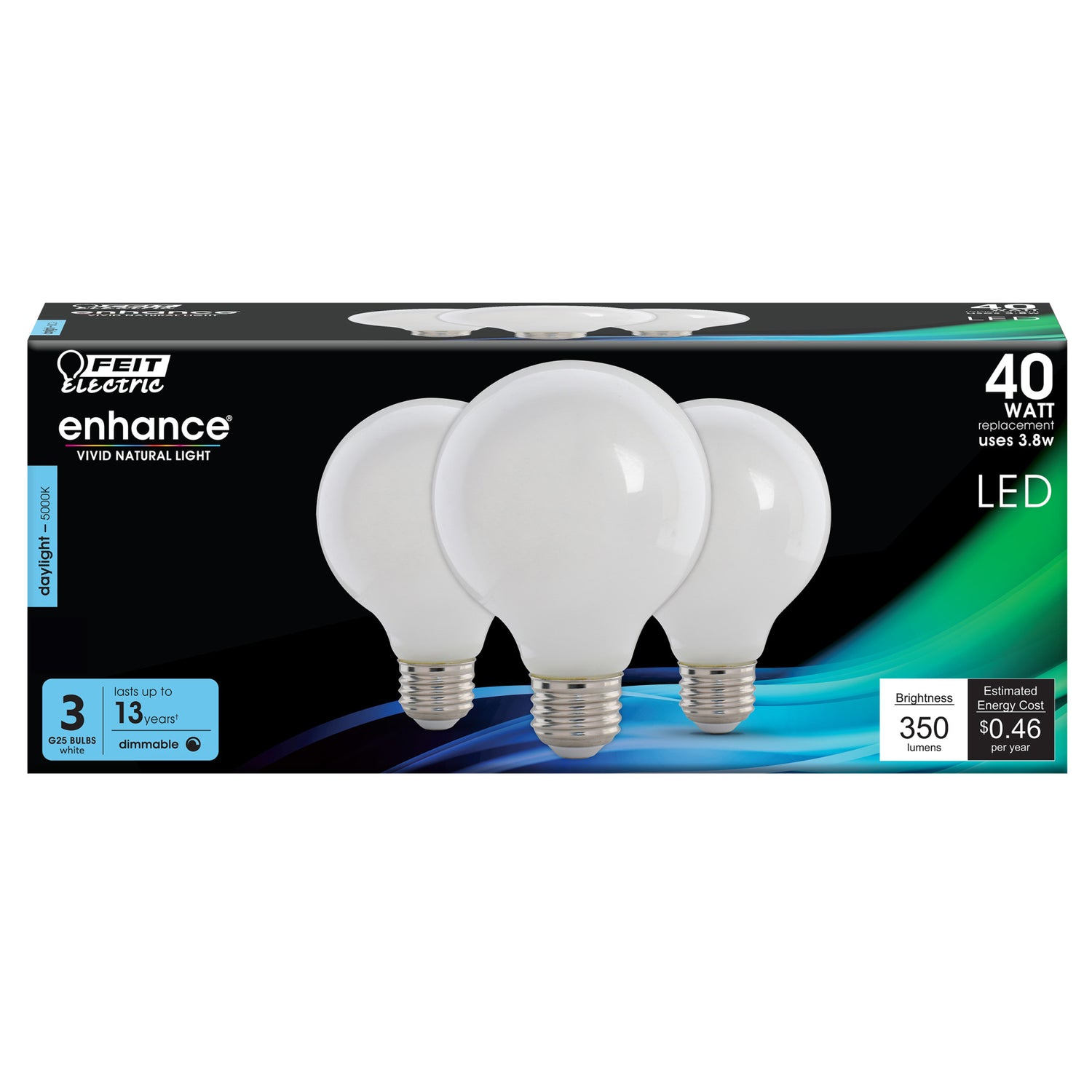 40W Replacement G25 Daylight Dimmable White Enhance Glass Filament Globe LED (3-Pack)