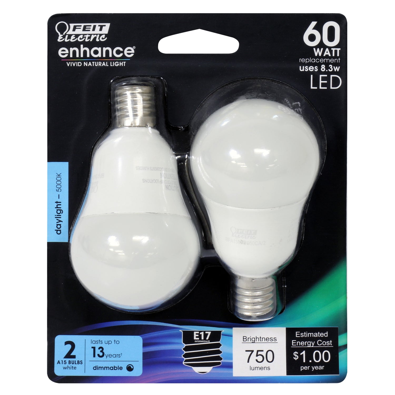 60W Replacement A15 Intermediate Base Dimmable Daylight Glass Filament Enhance (2-Pack)