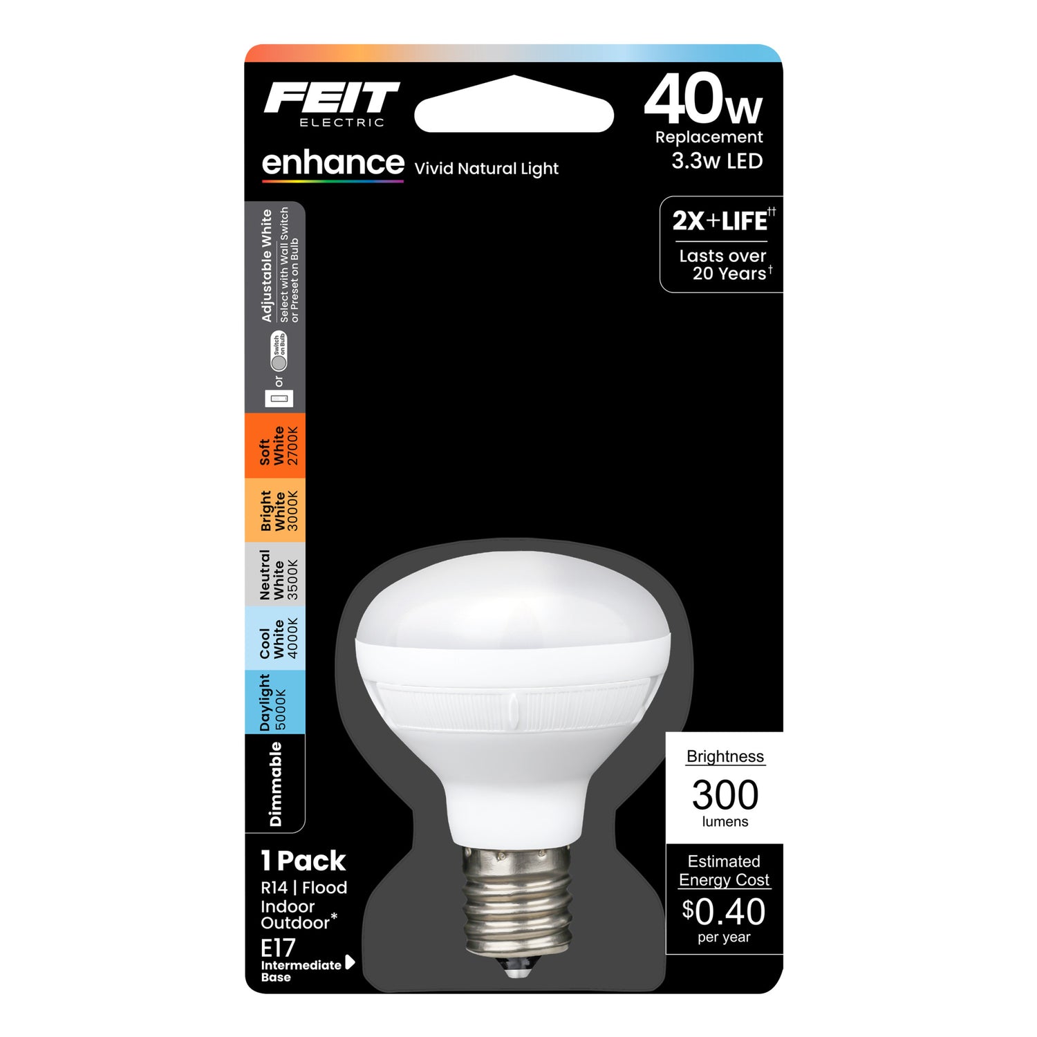 3.3w (40W Replacement) Adjustable White E17 Base R14 Dimmable Enhance Reflector LED