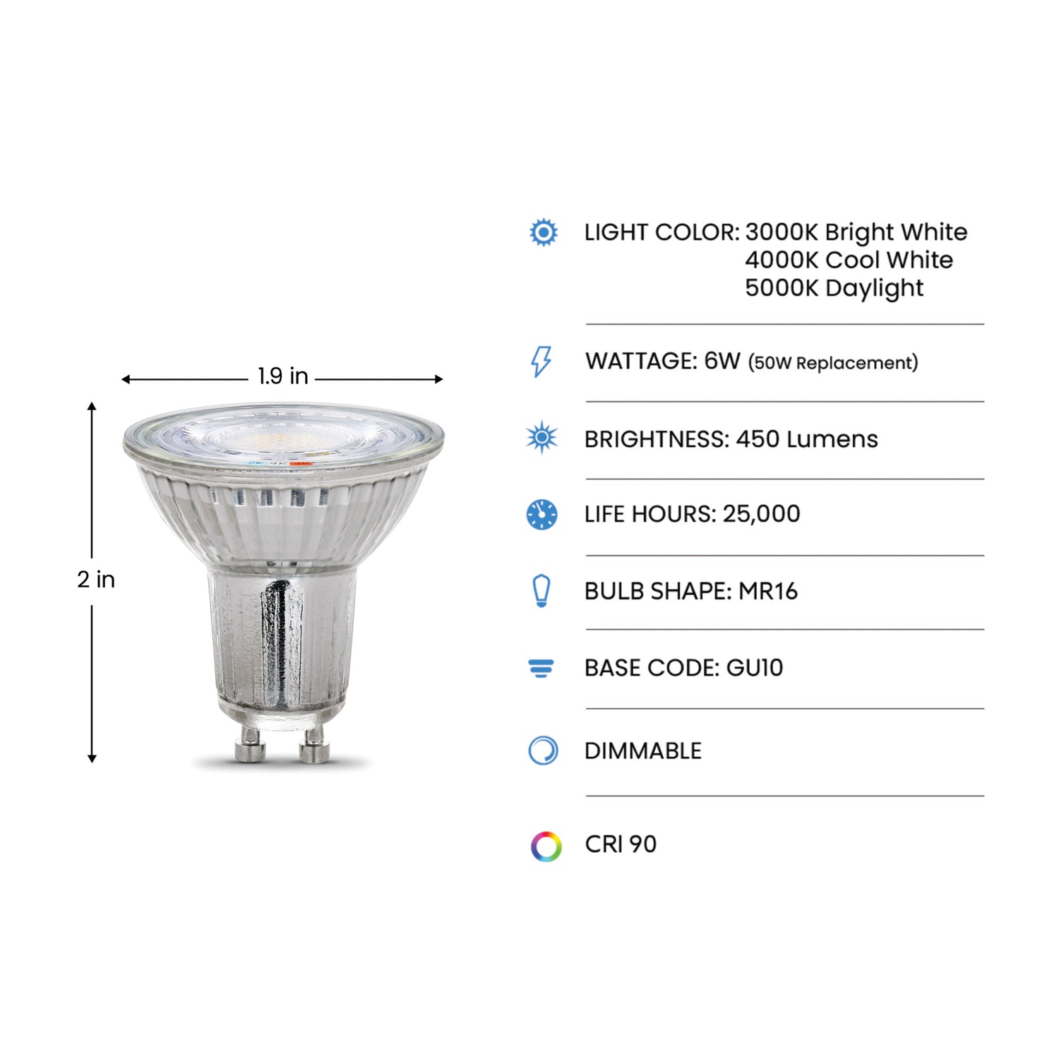6W (50W Replacement) Adjustable White GU10 MR16 Dimmable Reflector LED Bulb (3-Pack)