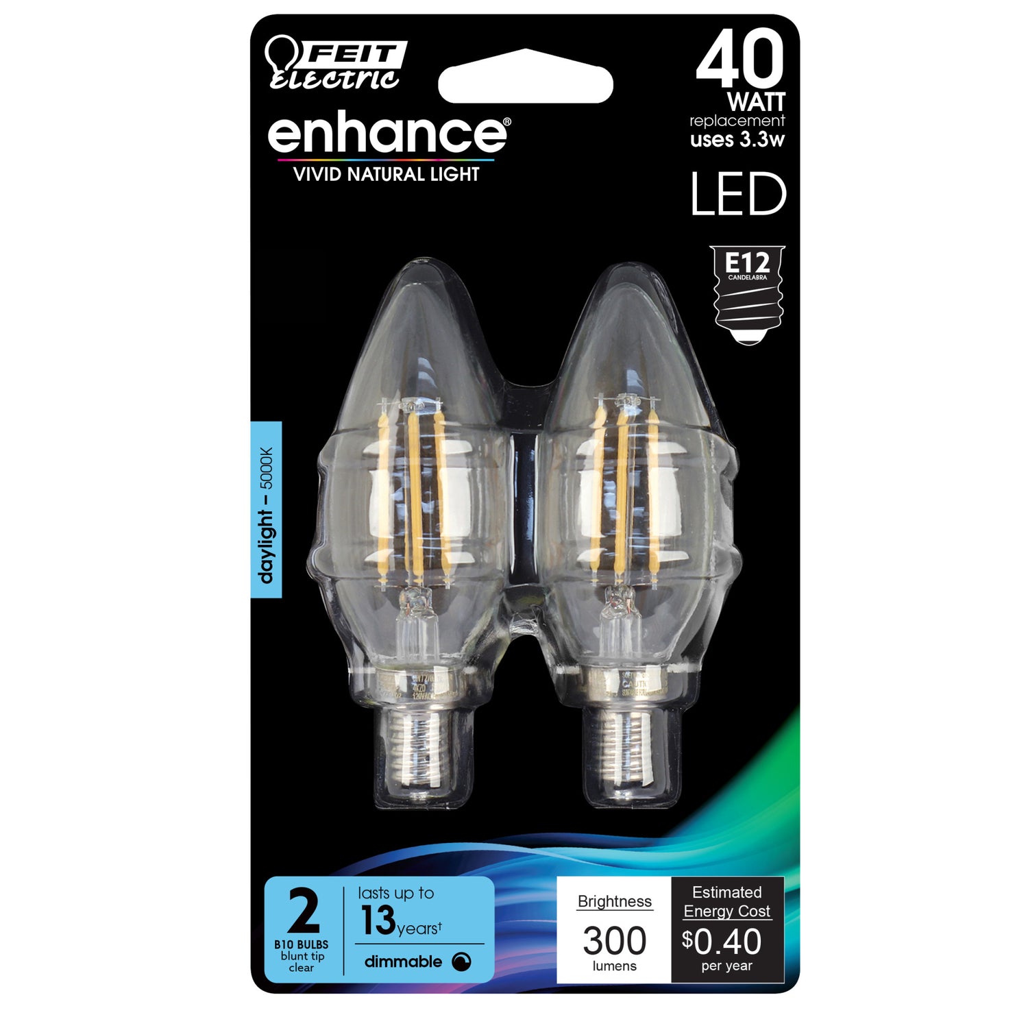 40W Replacement Clear B10 Dimmable Daylight Decorative LED Filament Enhance (2-Pack)