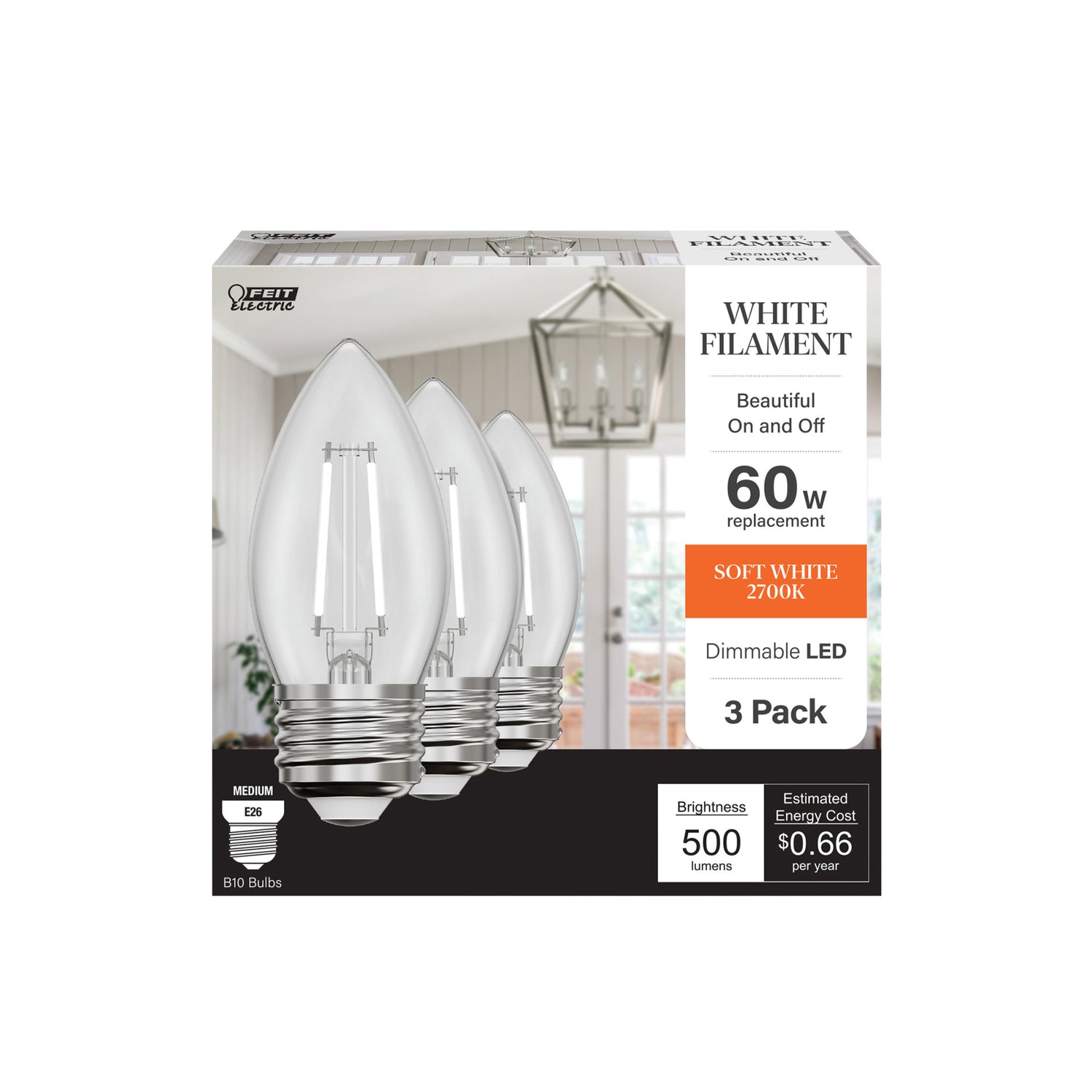 5.5W (60W Equivalent) Soft White (2700K) B10 Shape (E26 Base) Torpedo Tip White Filament LED Bulb (3-Pack)