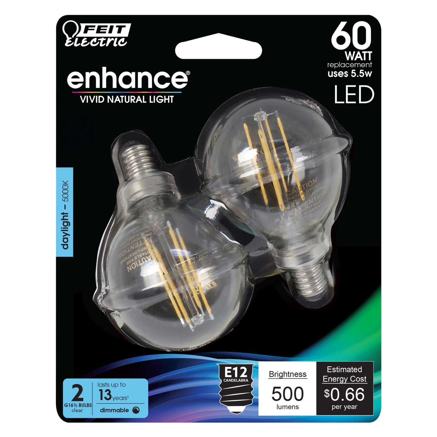60W Replacement G16 1/2 Daylight Dimmable Enhance Glass Filament Globe LED (2-Pack)