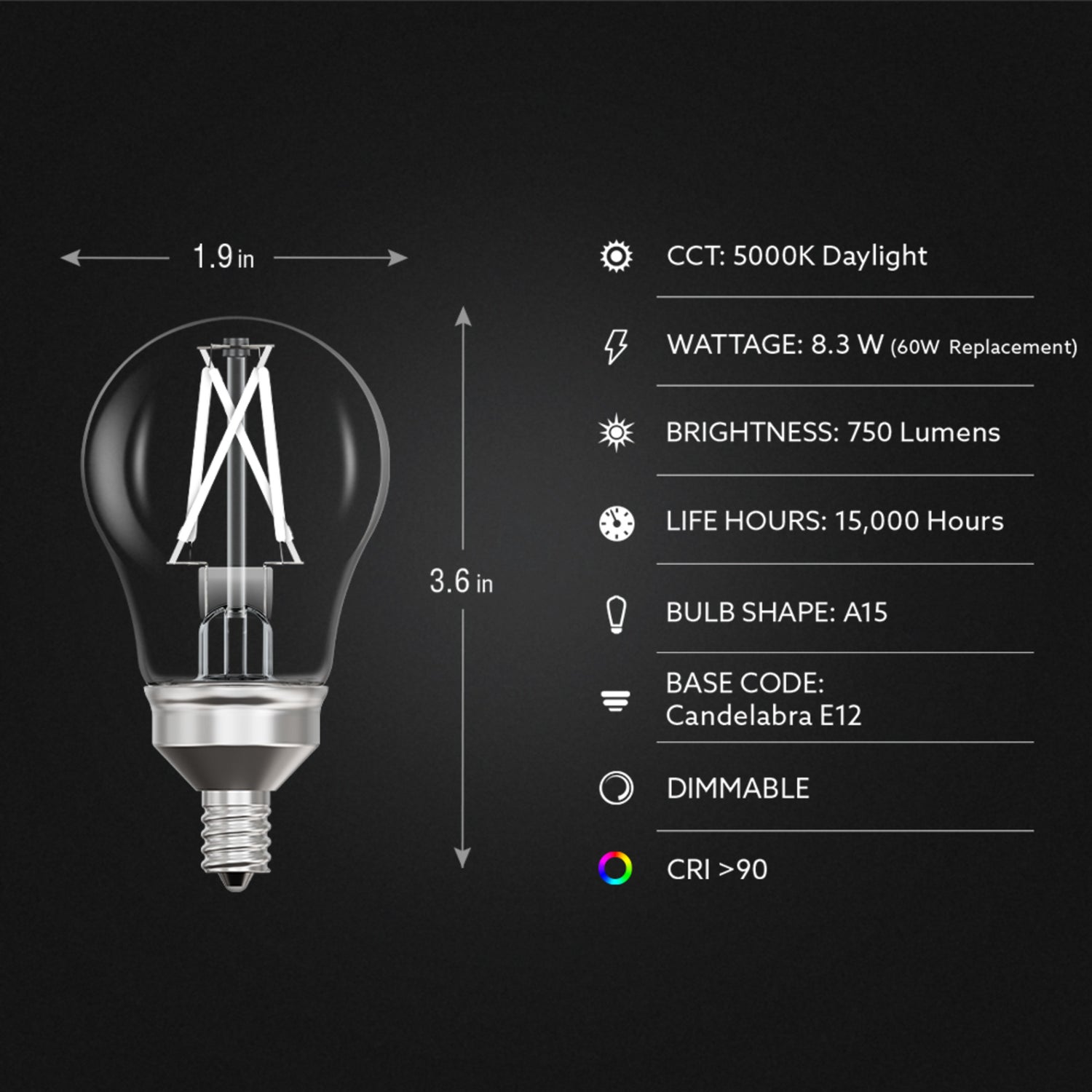 8.3W (60W Replacement) Daylight (5000K) A15 E12 Chandelier Base Exposed White Filament LED Light Bulb (2-Pack)