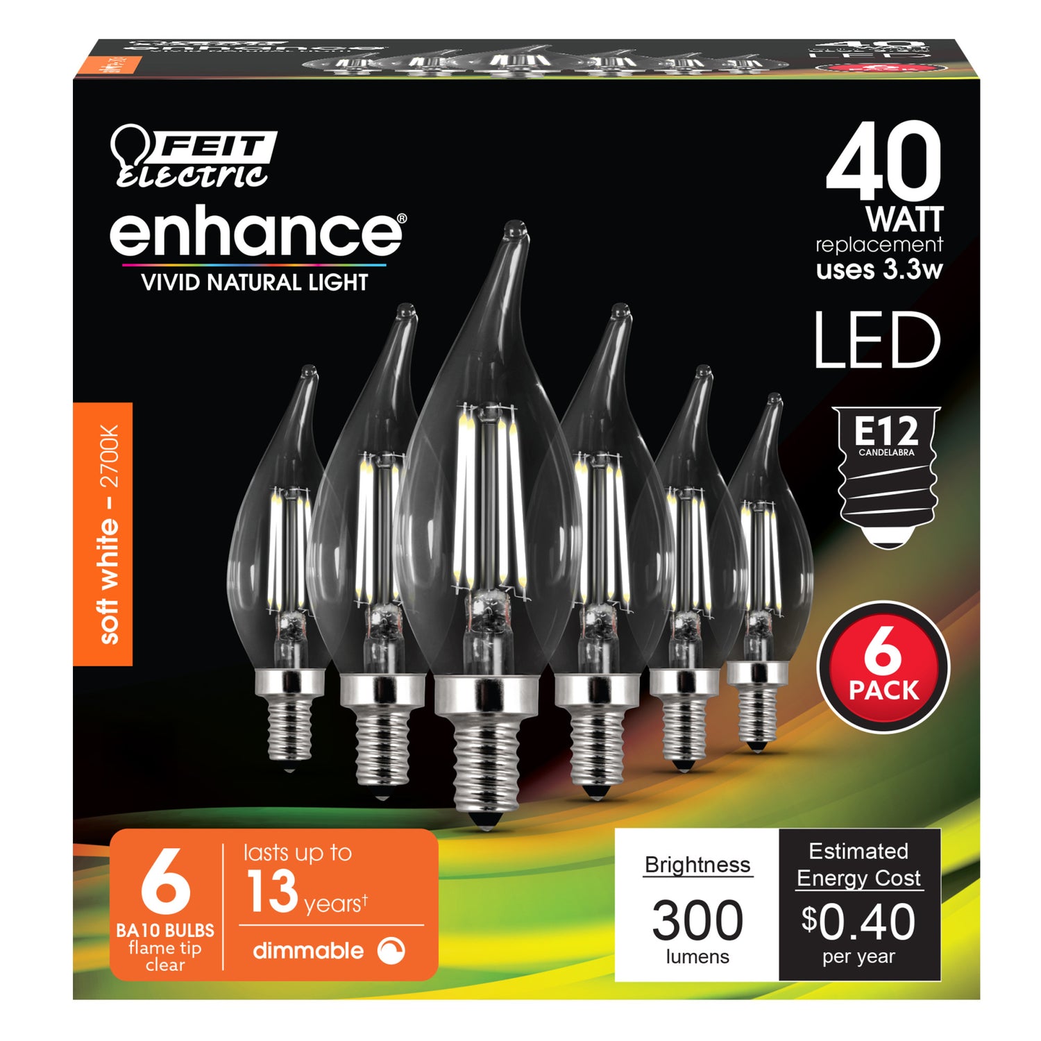 3.3W (40W Replacement) Soft White (2700K) BA10 Dimmable Enhance LED Filament Bulb (6-Pack)
