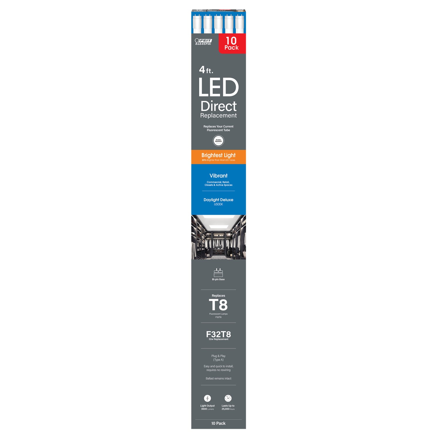 4 ft. 32W Daylight Deluxe (6500K) G13 Base Direct Replacement (Type A) (T8 Replacement) High Output LED Linear Tube (10-Pack)