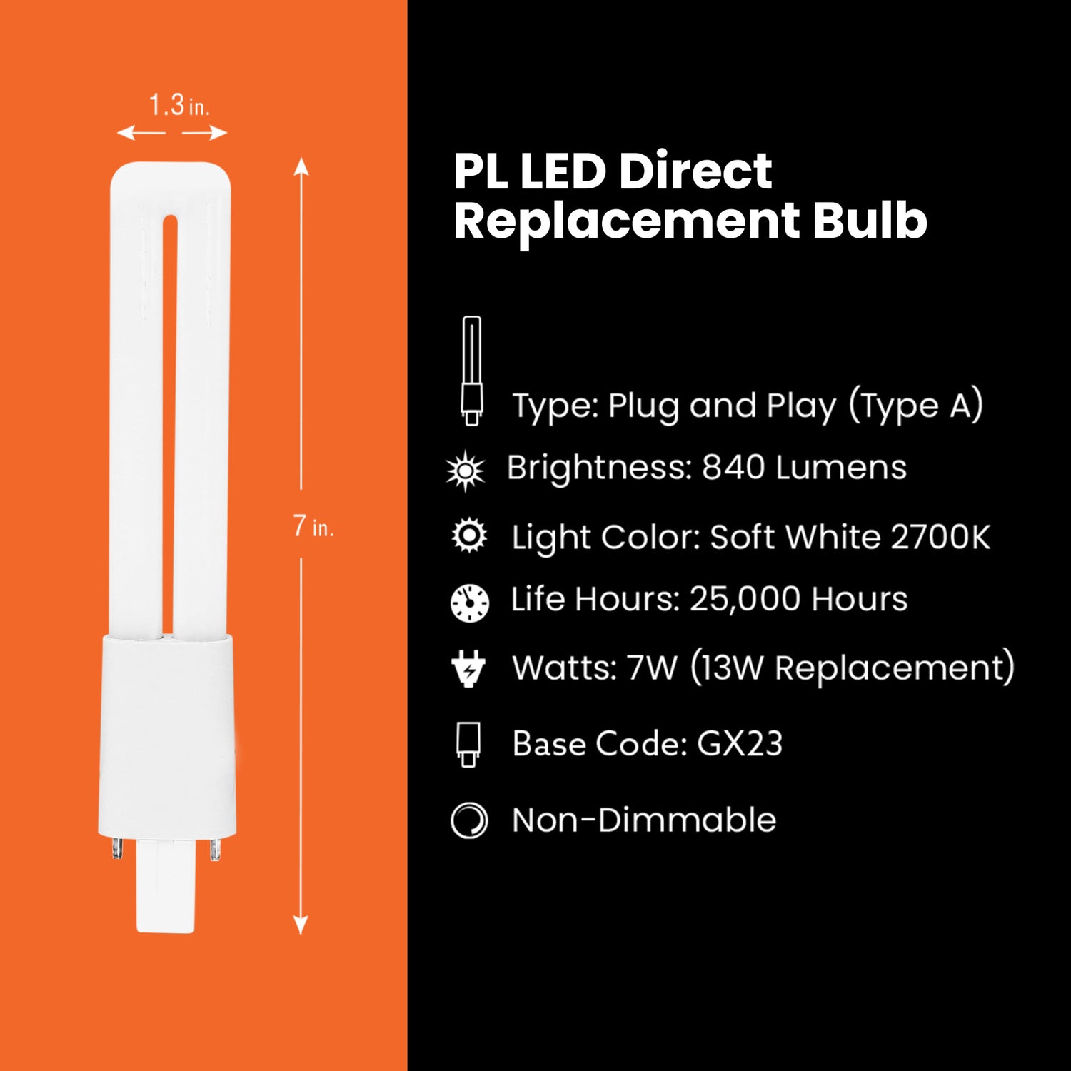 7W (13W Equivalent) Soft White (2700K) PL Shape GX23 Base Direct Replacement (Type A) Twin Tube LED Light Bulb