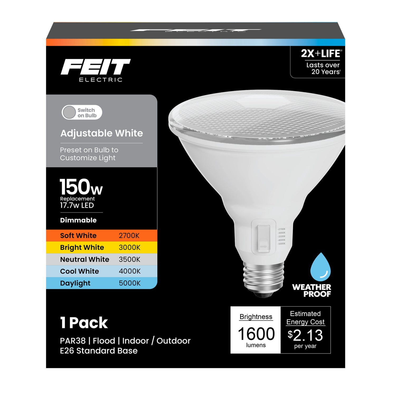 17.7W (150W Replacement) Adjustable White E26 Base Dimmable PAR38 LED Bulb